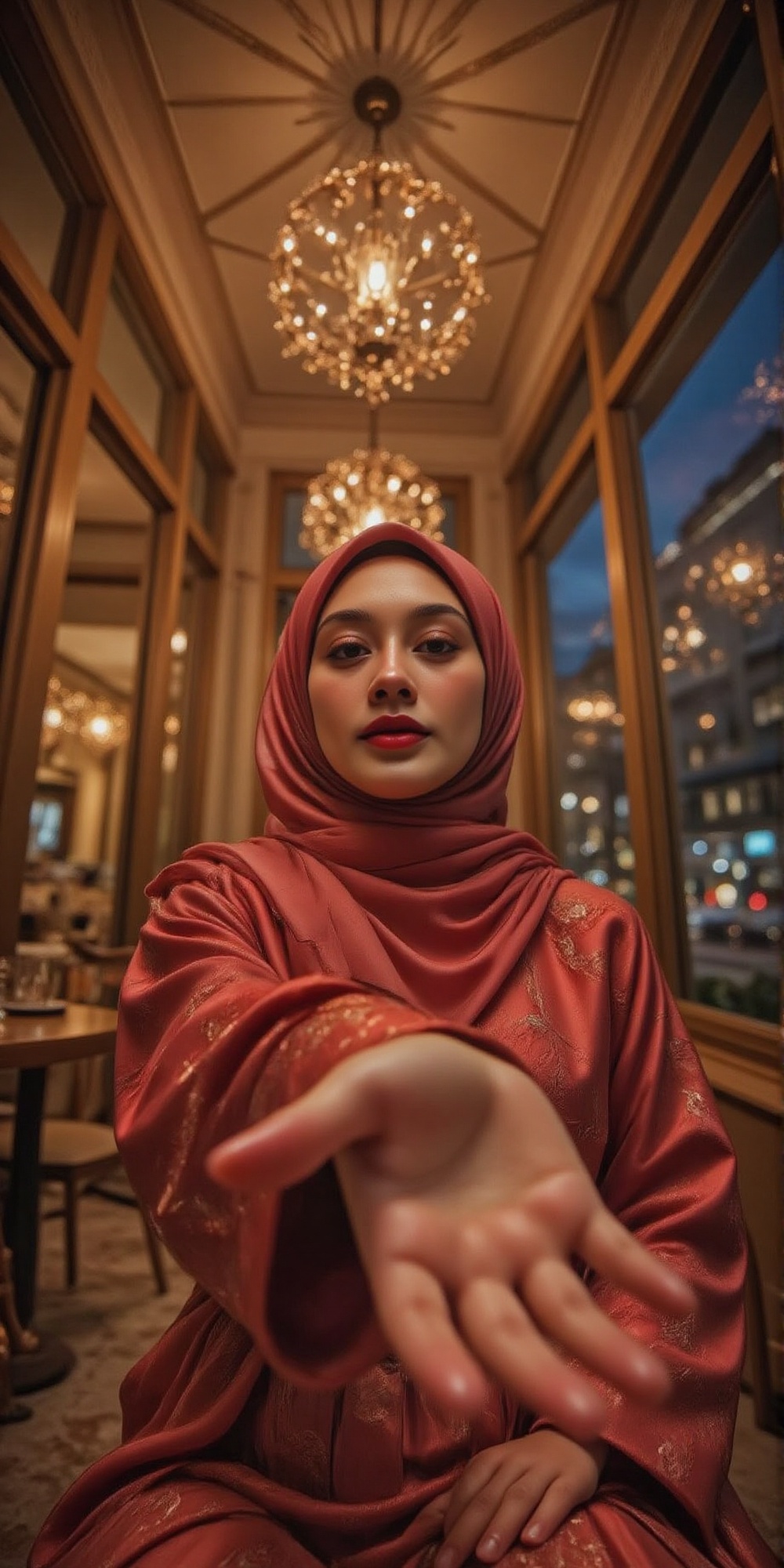 A cinematically composed low-angle portrait of a confident Muslim woman wearing an elegantly draped crimson silk hijab and...
