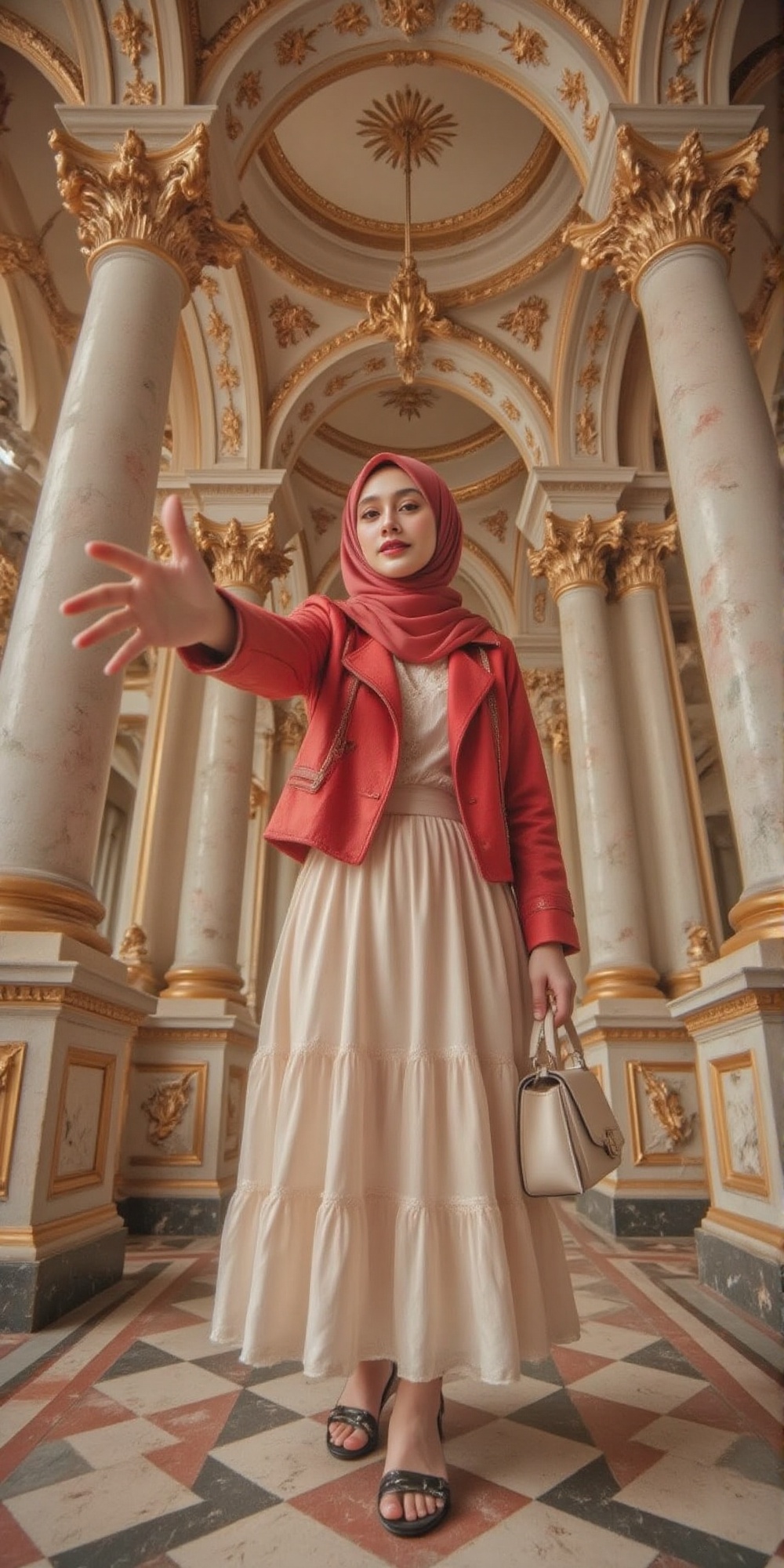 The camera capture a low angle of young Malay woman in a white dress and a red hijab Her arm extends forward as though rea...
