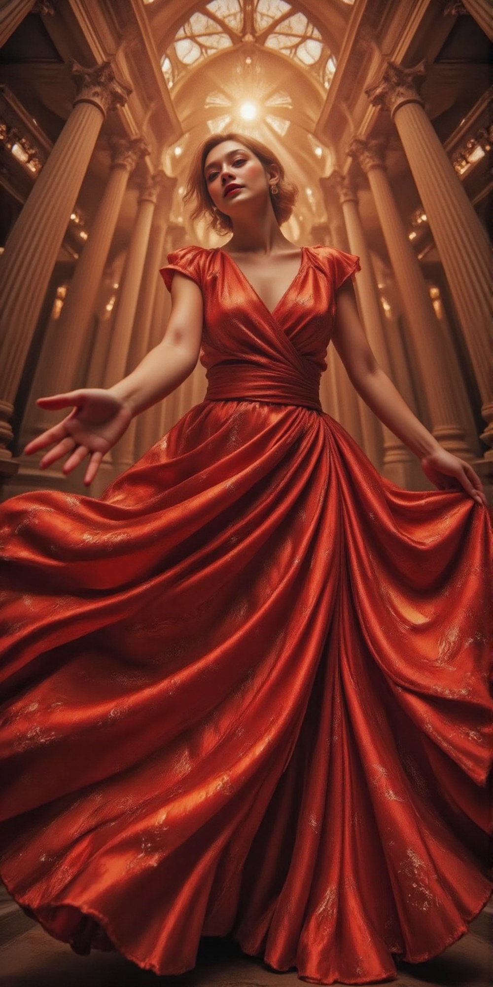 A powerful,  low-angle cinematographic composition featuring a striking woman positioned with deliberate,  magnetic presen...