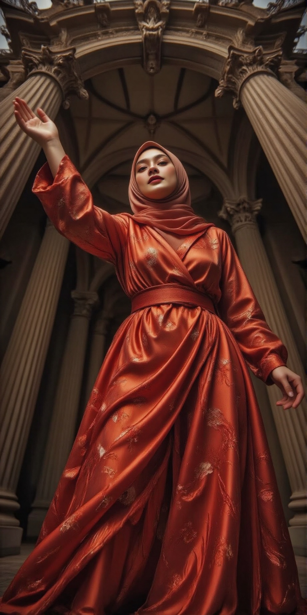 A powerful,  low-angle cinematographic composition featuring a striking hijab woman positioned with deliberate,  magnetic...