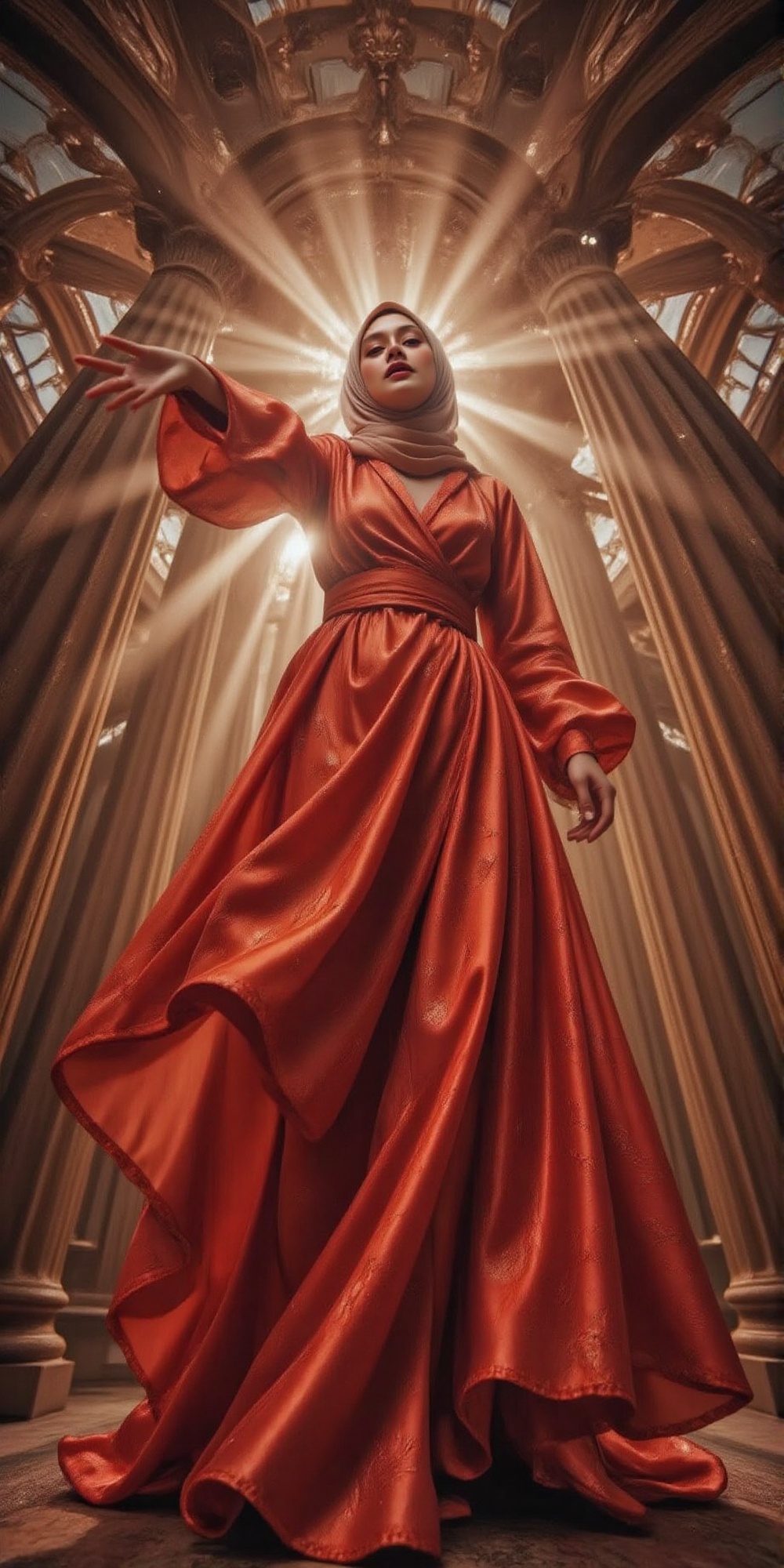 A powerful,  low-angle cinematographic composition featuring a striking hijab woman positioned with deliberate,  magnetic...