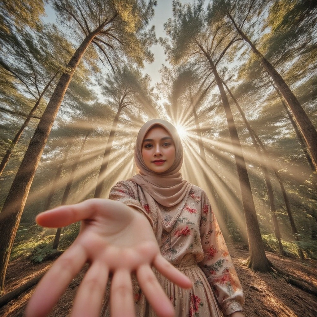 The camera capture a low angle a serene forest scene with tall,  towering trees allowing beams of sunlight to stream throu...