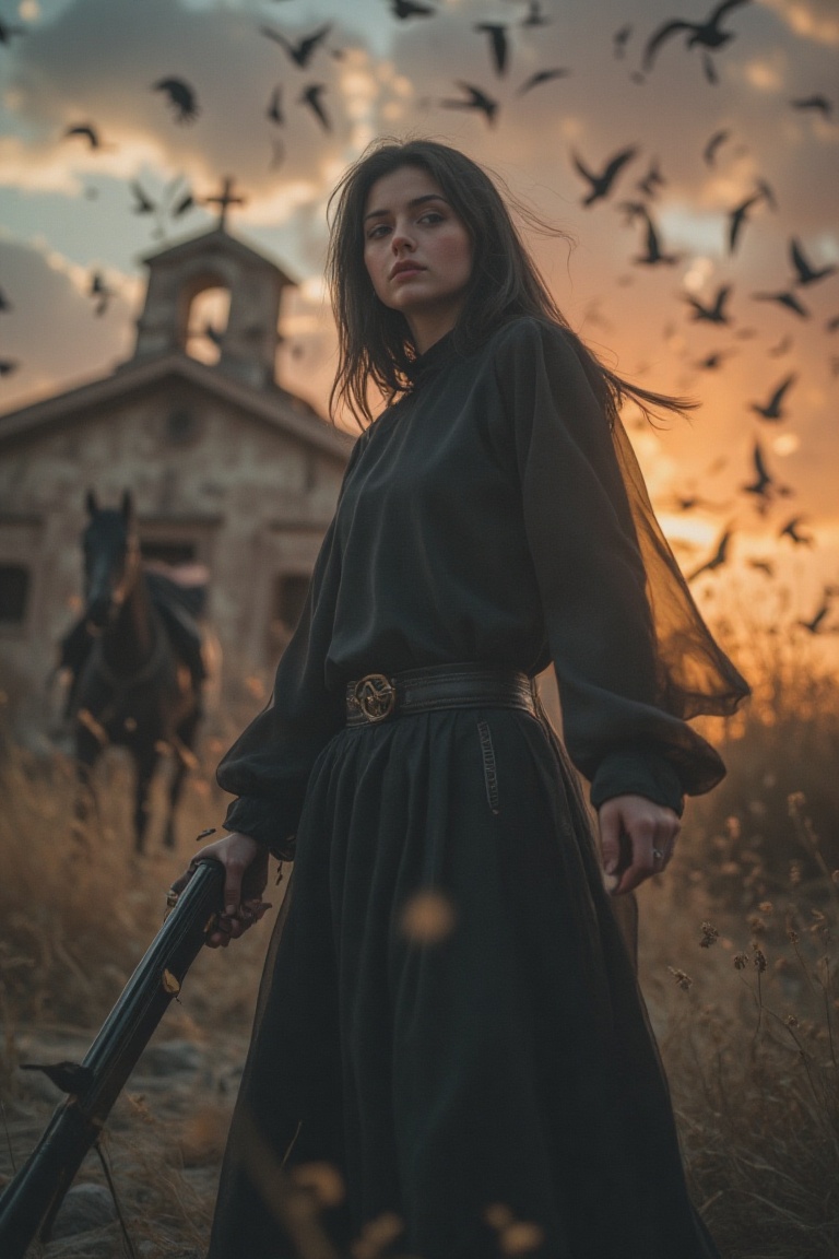 A young nun stands in a heroic pose at the entrance of an old,  weathered church in the barren wastelands of Mexico. She g...