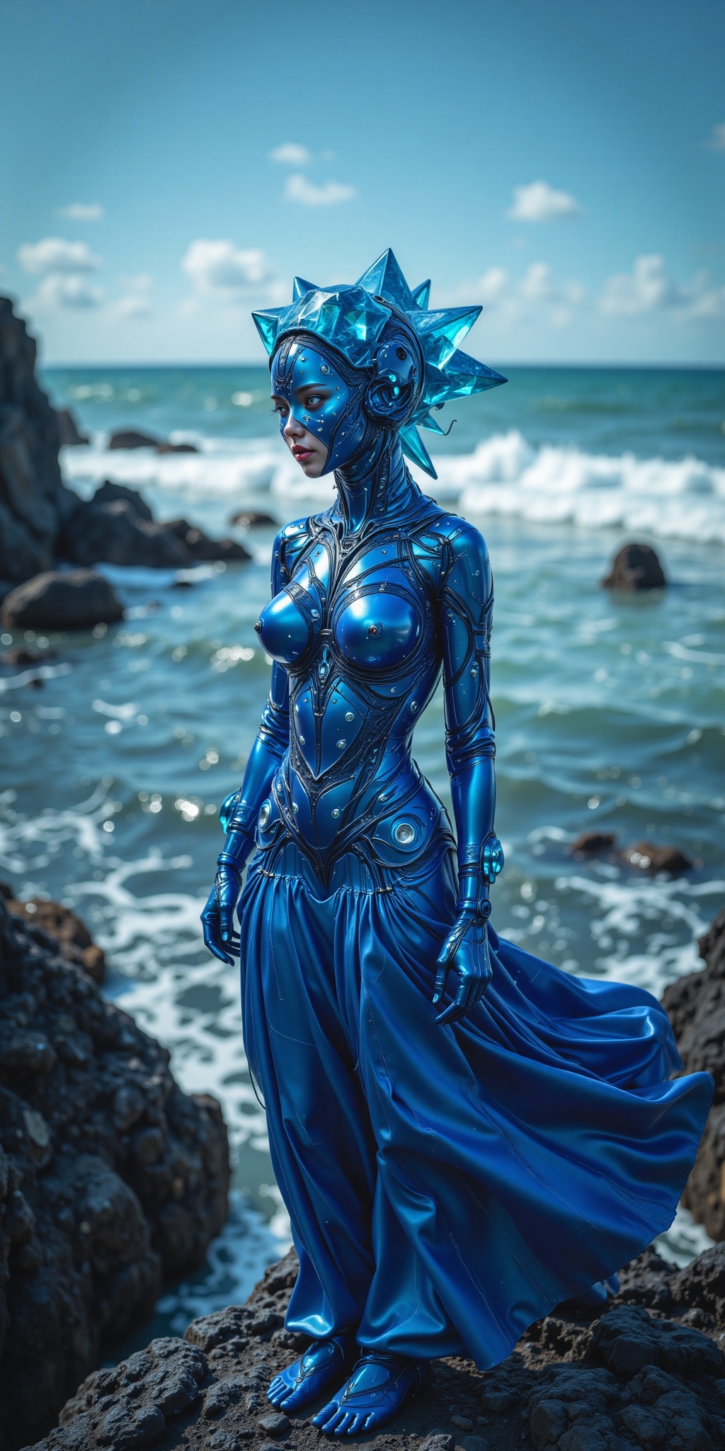 In this breathtakingly detailed illustration,  a mesmerizing figure stands atop a rocky outcropping overlooking the ocean....