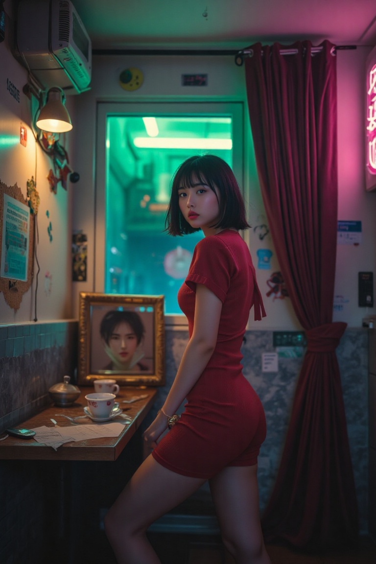 A captivating Chinese woman stands facing the camera in a subtle,  alluring pose,  her presence steeped in melancholic ele...