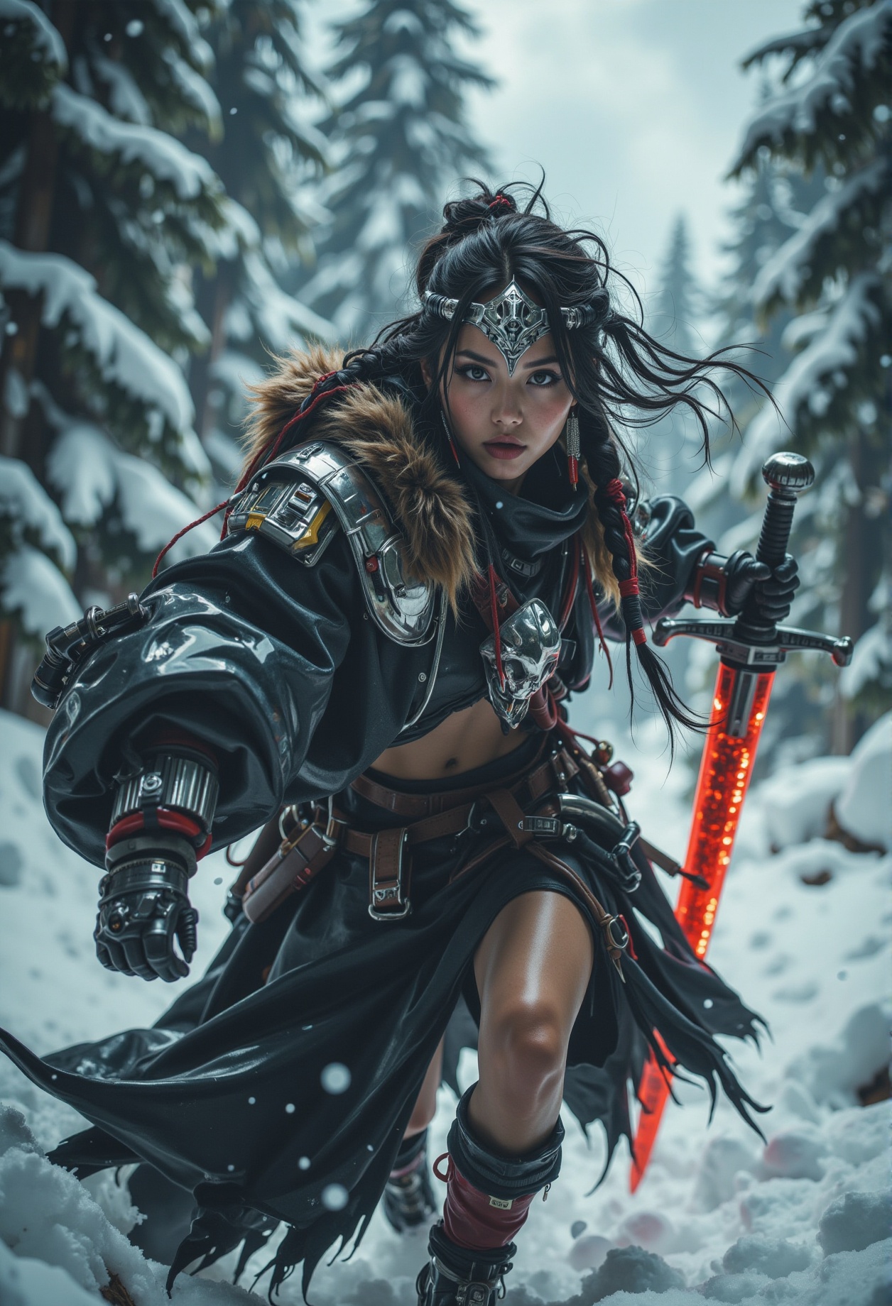 A fierce Indian warrior charges forward through a blustery,  snow-laden forest,  her battered black chrome armor gleaming...