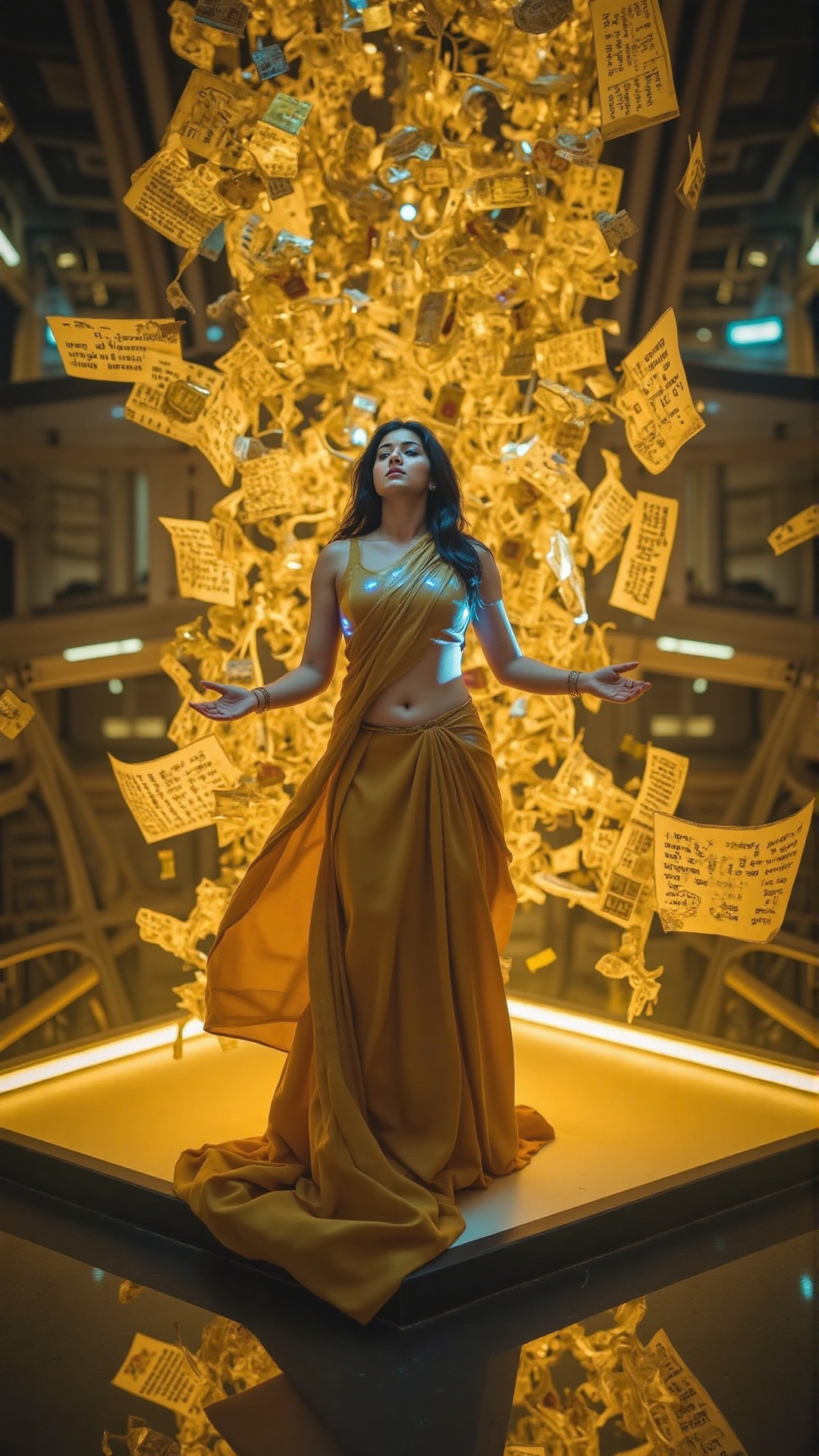 A cinematic shot of an Indian woman standing on a floating platform in a futuristic temple,  surrounded by levitating gold...