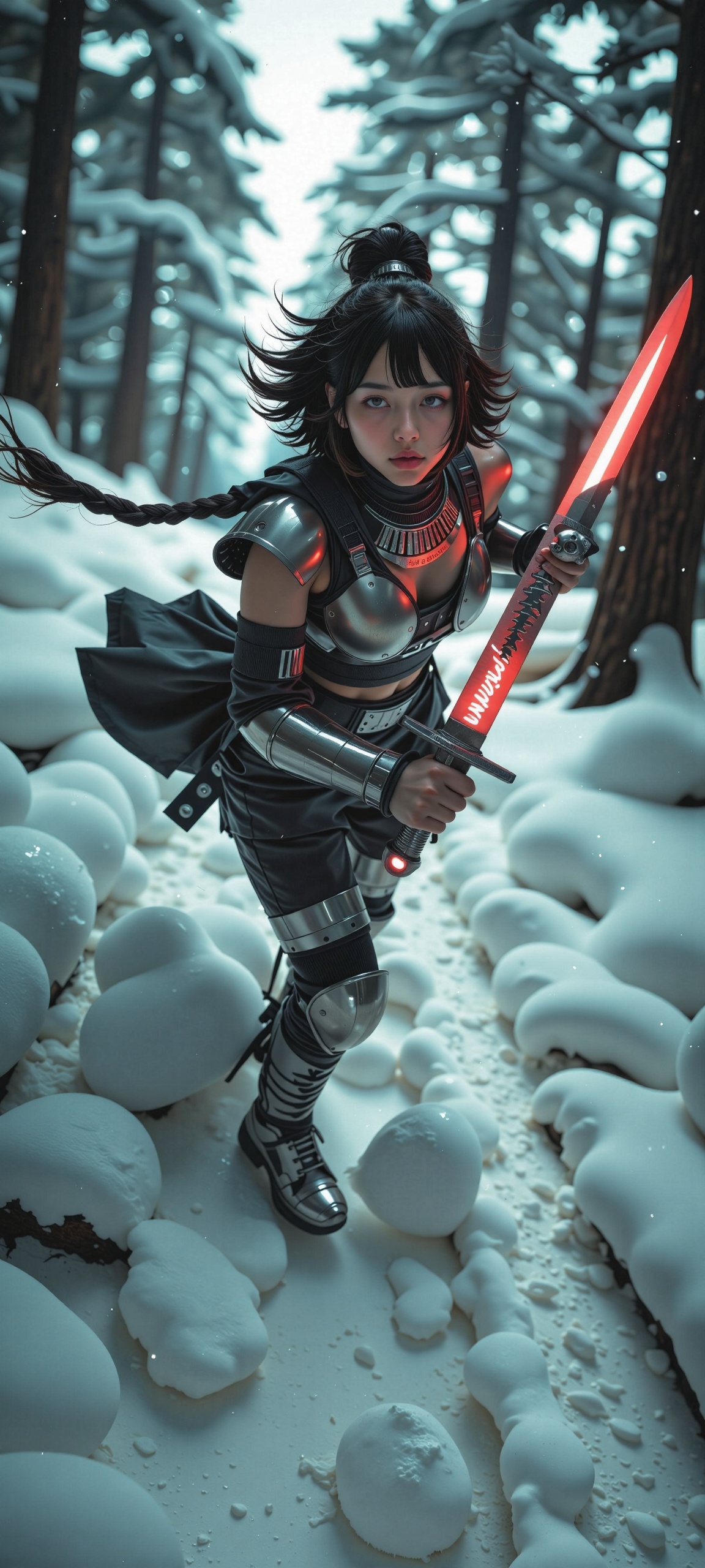 A fierce Indian warrior charges forward through a blustery,  snow-laden forest,  her battered black chrome armor gleaming...