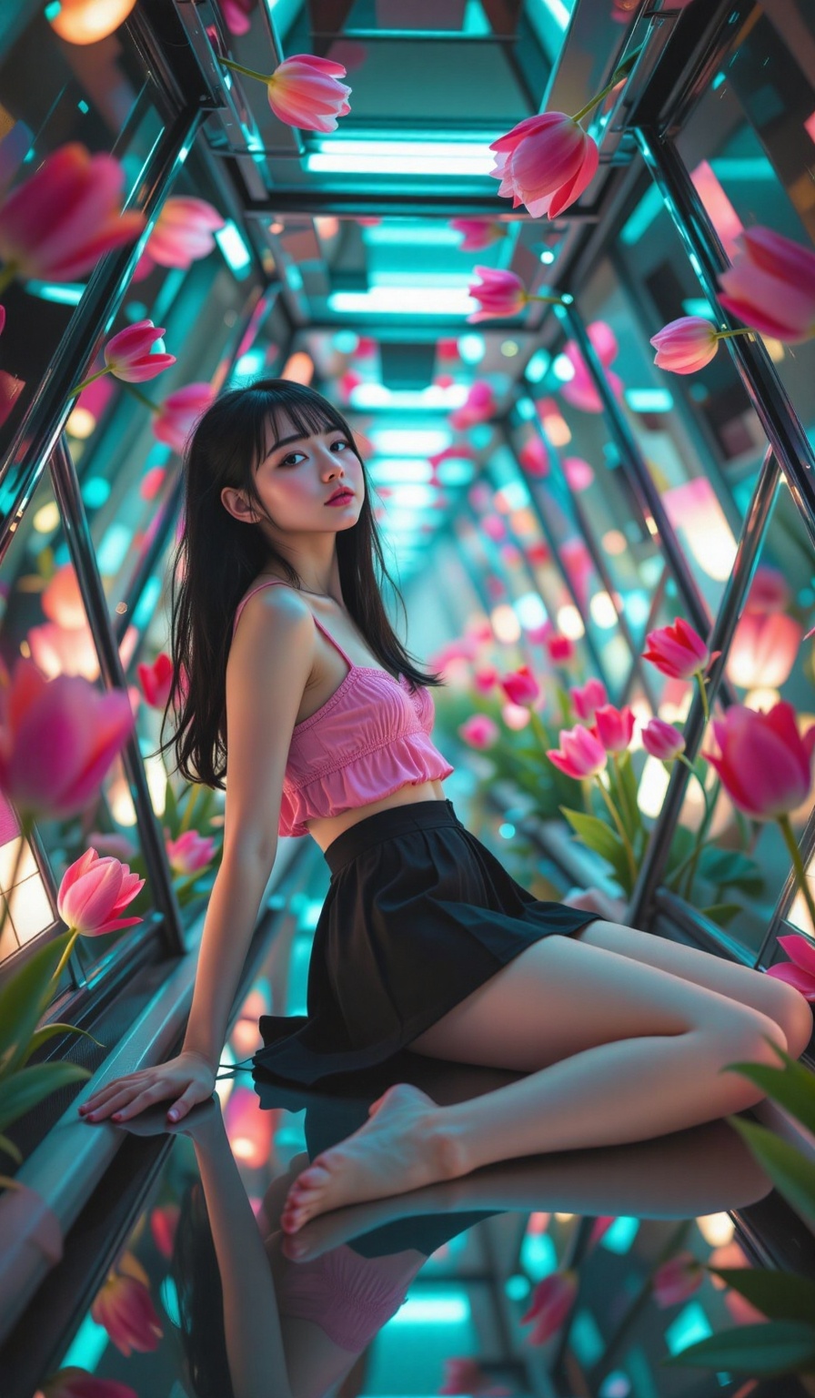 A surreal reflection: A person reclines on a mirrored surface,  surrounded by infinite triangular frames that seem to stre...