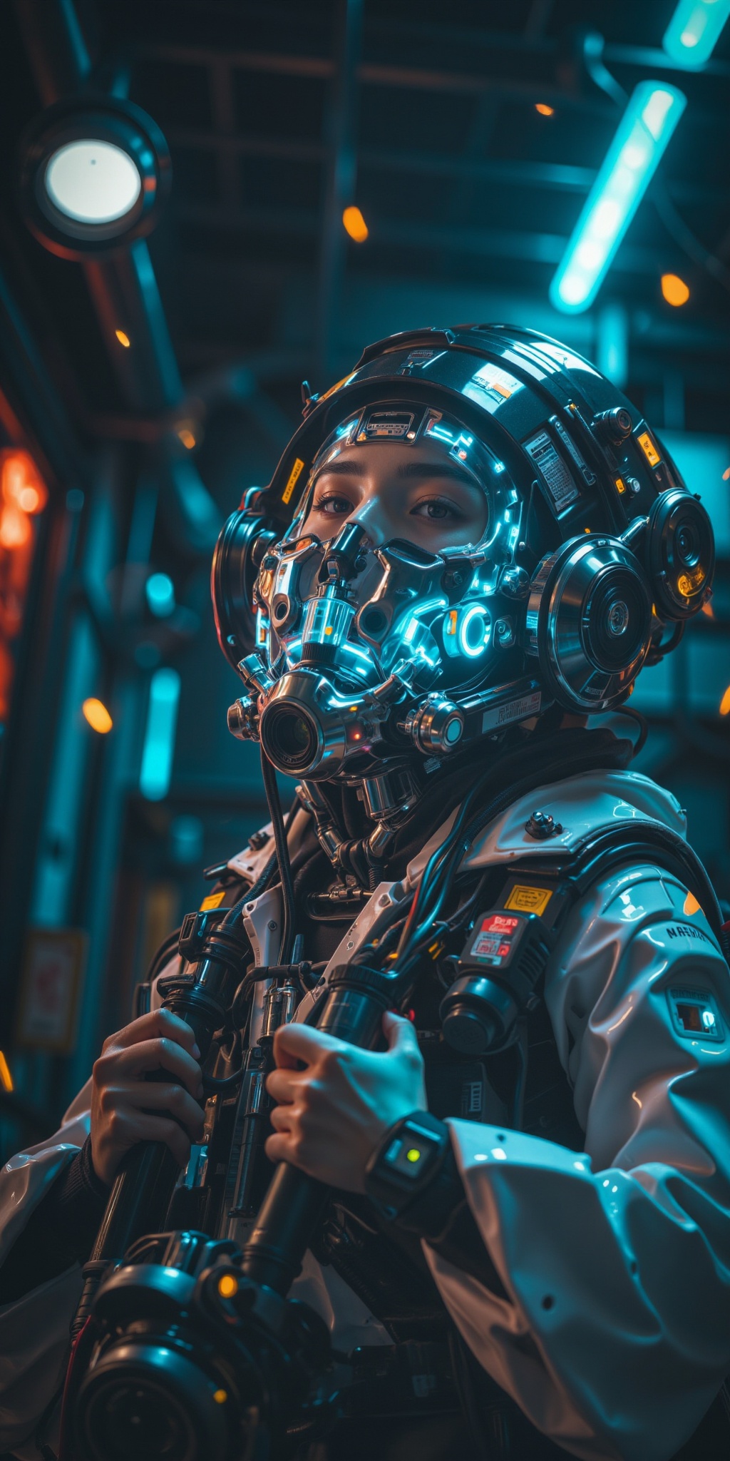A futuristic cyberpunk-inspired digital illustration of a cybernetic MALE SAMURAI humanoid with a striking blend of human...