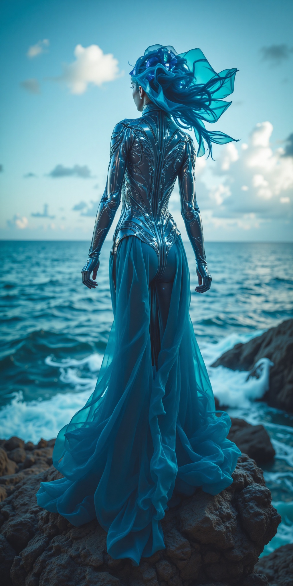 In this breathtakingly detailed illustration,  a mesmerizing figure stands atop a rocky outcropping overlooking the ocean....