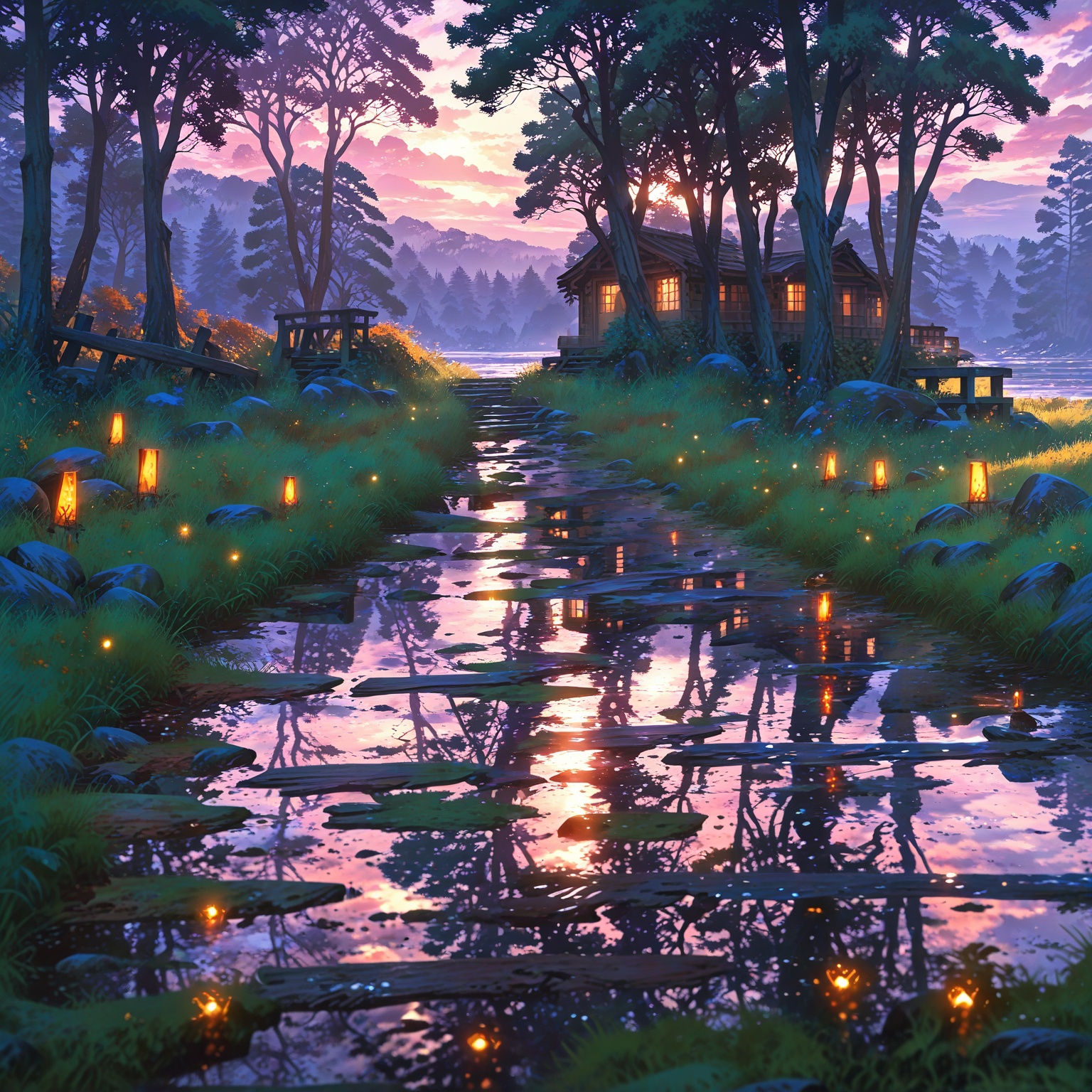 A mystical anime lakeside at twilight,  featuring a cozy wooden cabin surrounded by glowing fireflies and towering pine tr...