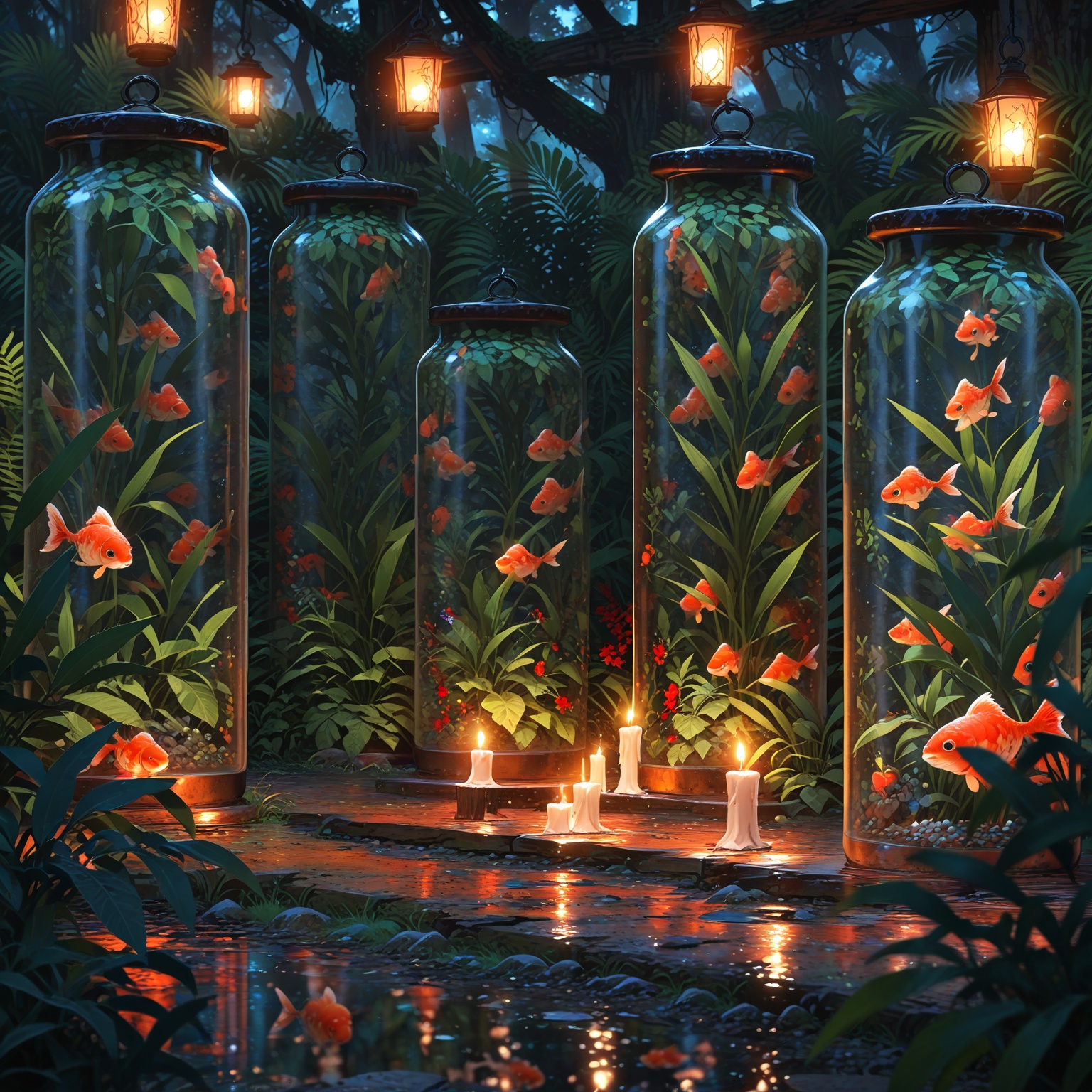 masterpiece,  concept art,  a group of glass jars filled with flowers on Tensor.Art