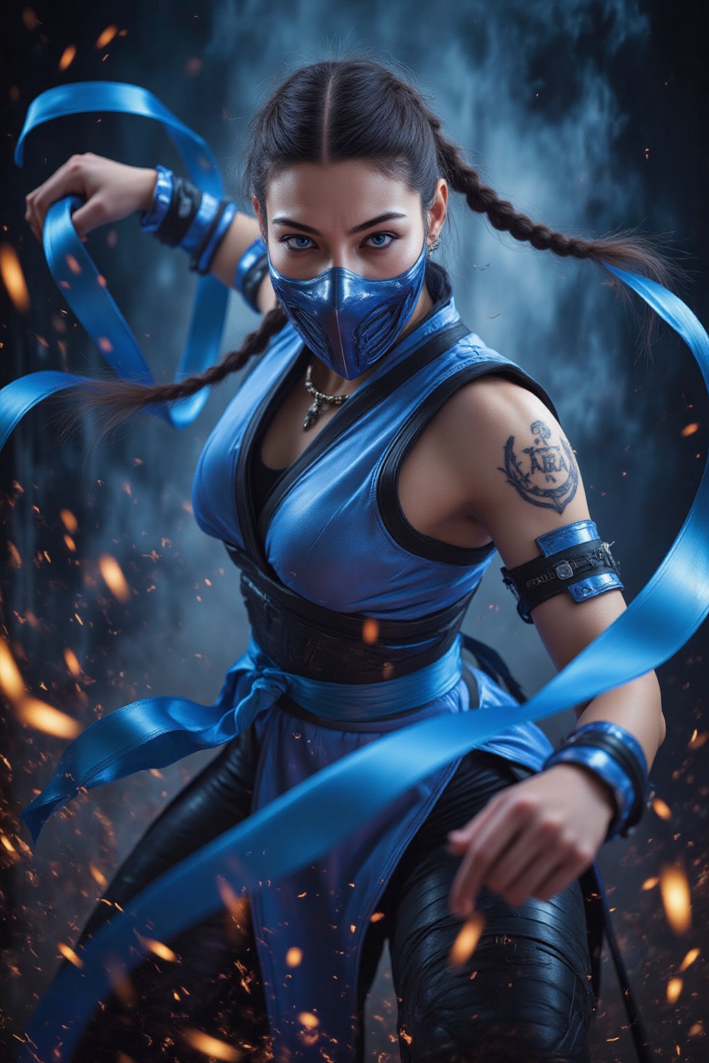 Digital art,  anime style. A fierce female ninja with medium skin tone,  dark braided hair on Tensor.Art