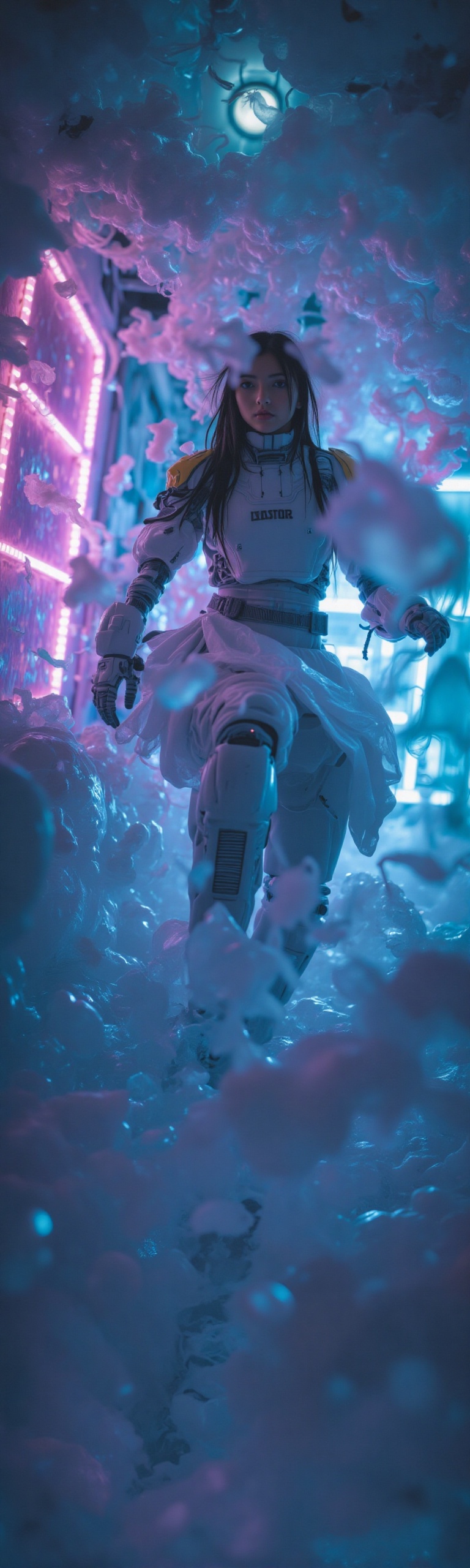 A cinematic shot from Star Wars,  featuring a cyborg woman in an action-packed dynamic pose. The camera captures her from...