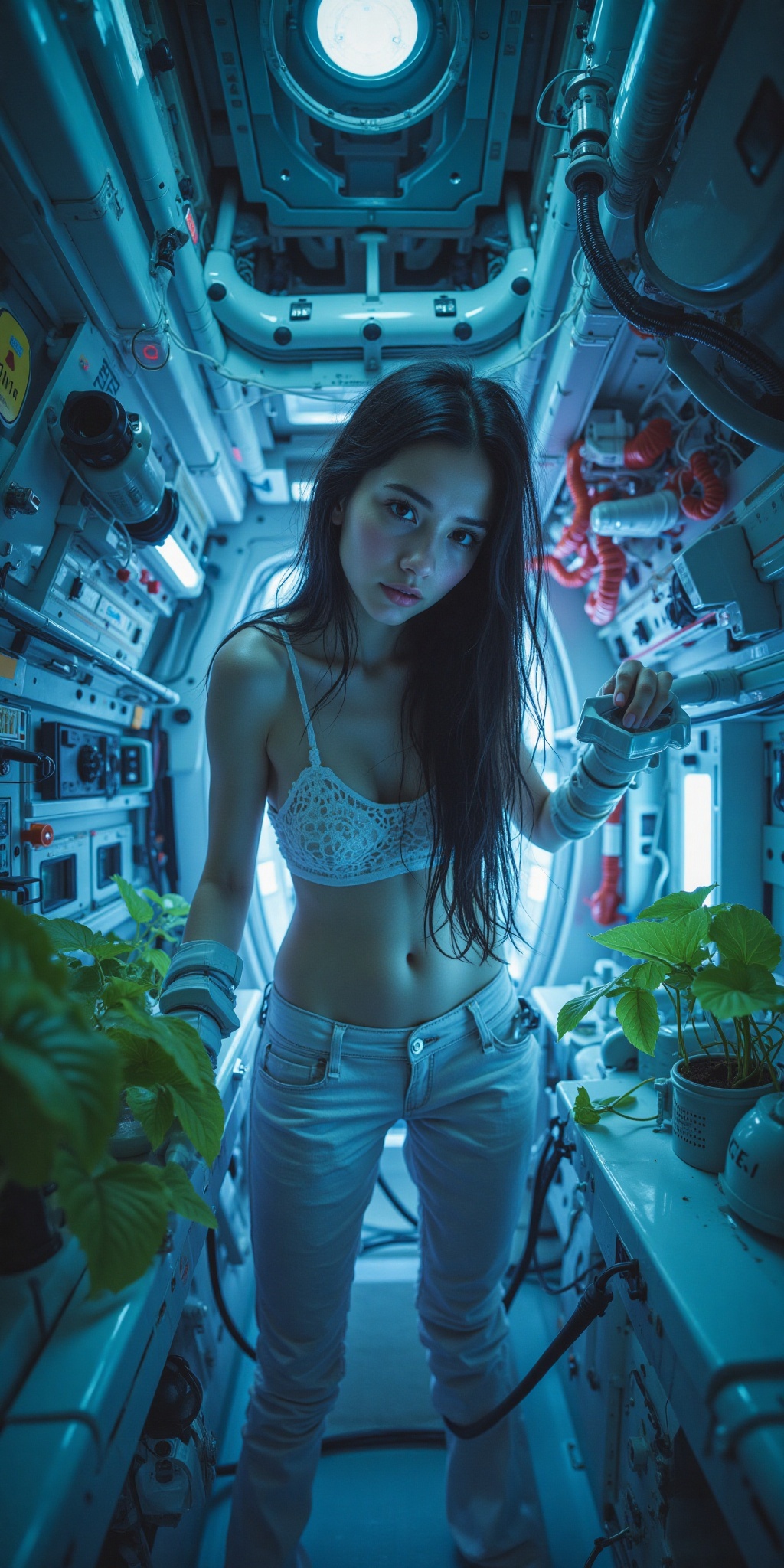 [overall]:"extreme angle view,  seen from an unusual perspective,  award winning color photo of a beautiful girl taking ca...