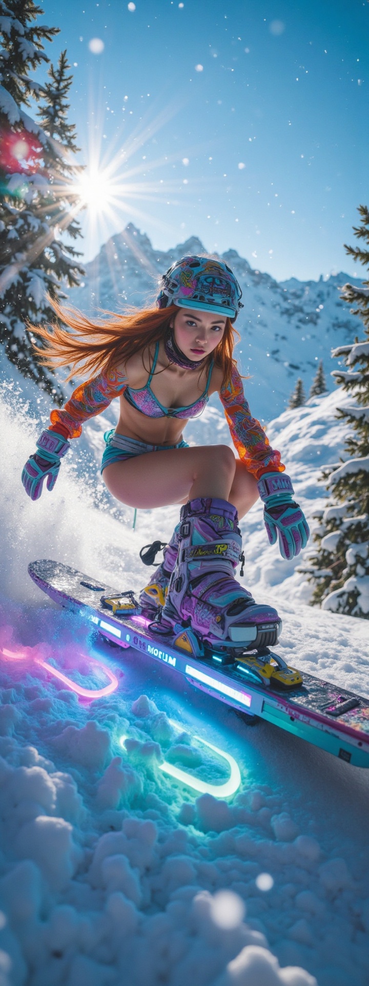 A hyper-realistic and dynamic scene of Beli snowboarding down a steep,  snowy mountain at high speed. She is a young South...