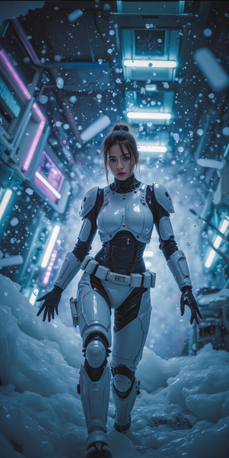 A cinematic shot from Star Wars,  featuring a cyborg woman in an action-packed dynamic pose. The camera captures her from...