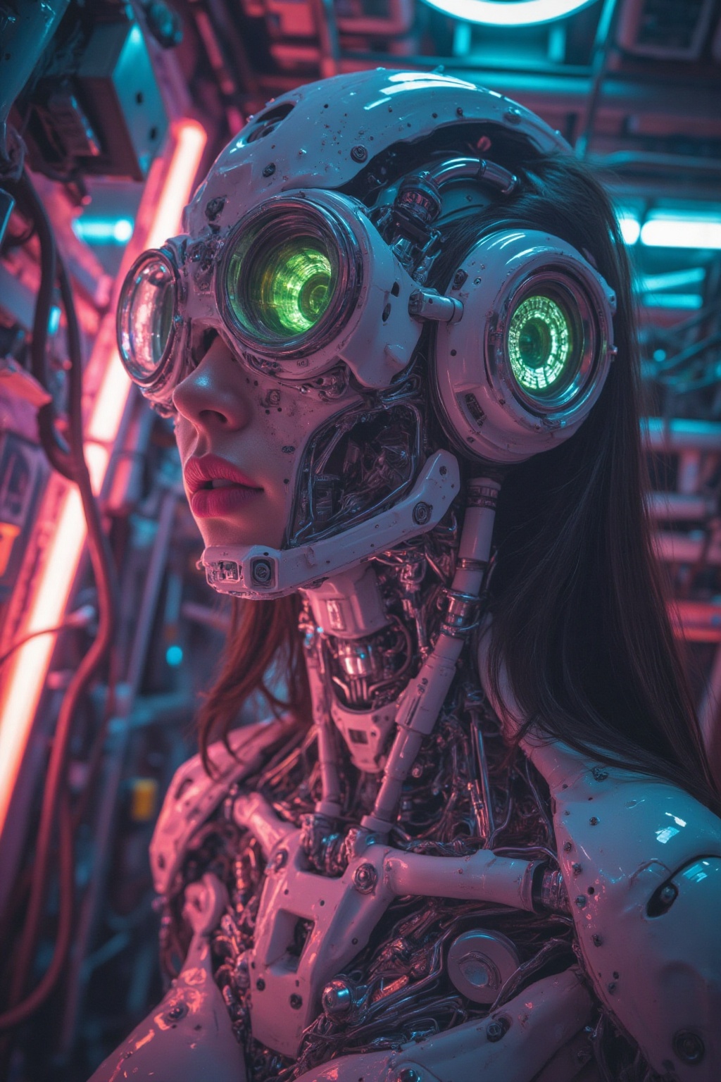 ((A close-up portrait)) ((side view) ((look away)) of a cyberpunk woman with a hyper-realistic biomechanical face. Detaile...