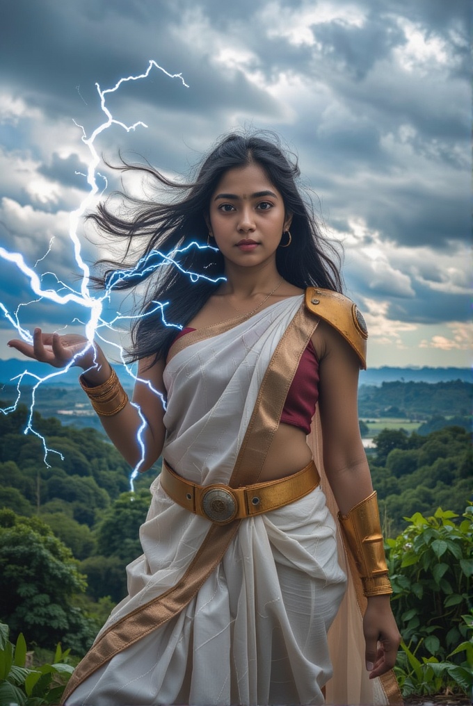 A stunning,  ultra-realistic depiction of a Malayali superhero woman,  standing against a stormy sky. Her long on Tensor.Art