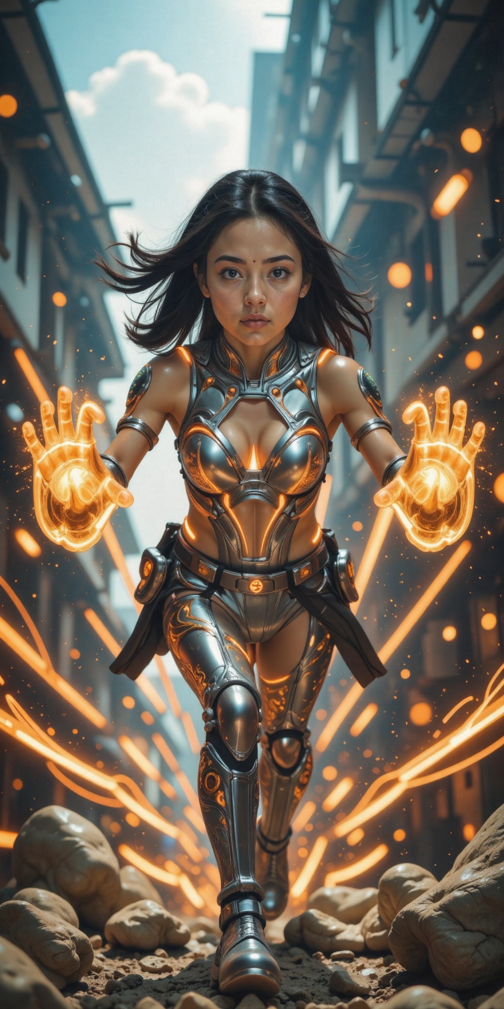 A hyper-realistic,  cinematic shot of a Malayali superhero woman mid-action,  charging forward with a cosmic energy punch....