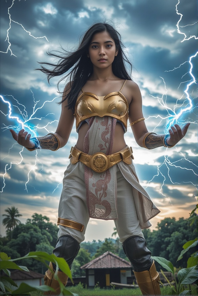 A stunning,  ultra-realistic depiction of a Malayali superhero woman,  standing against a stormy sky. Her long on Tensor.Art