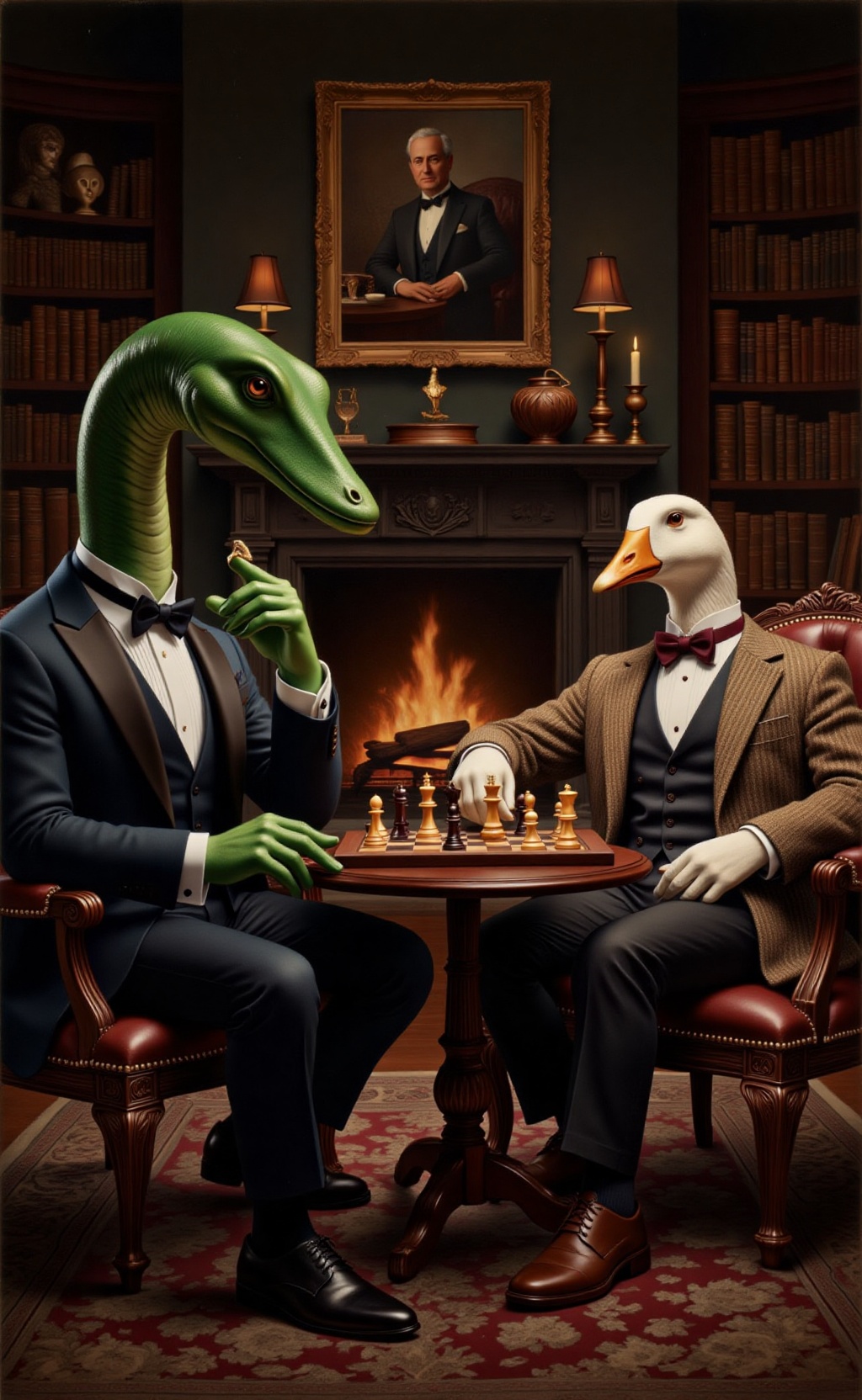 A lavish fabelrealm style painting using the Chiaroscuro technique. In the foreground,  a chessboard sits on a small table...