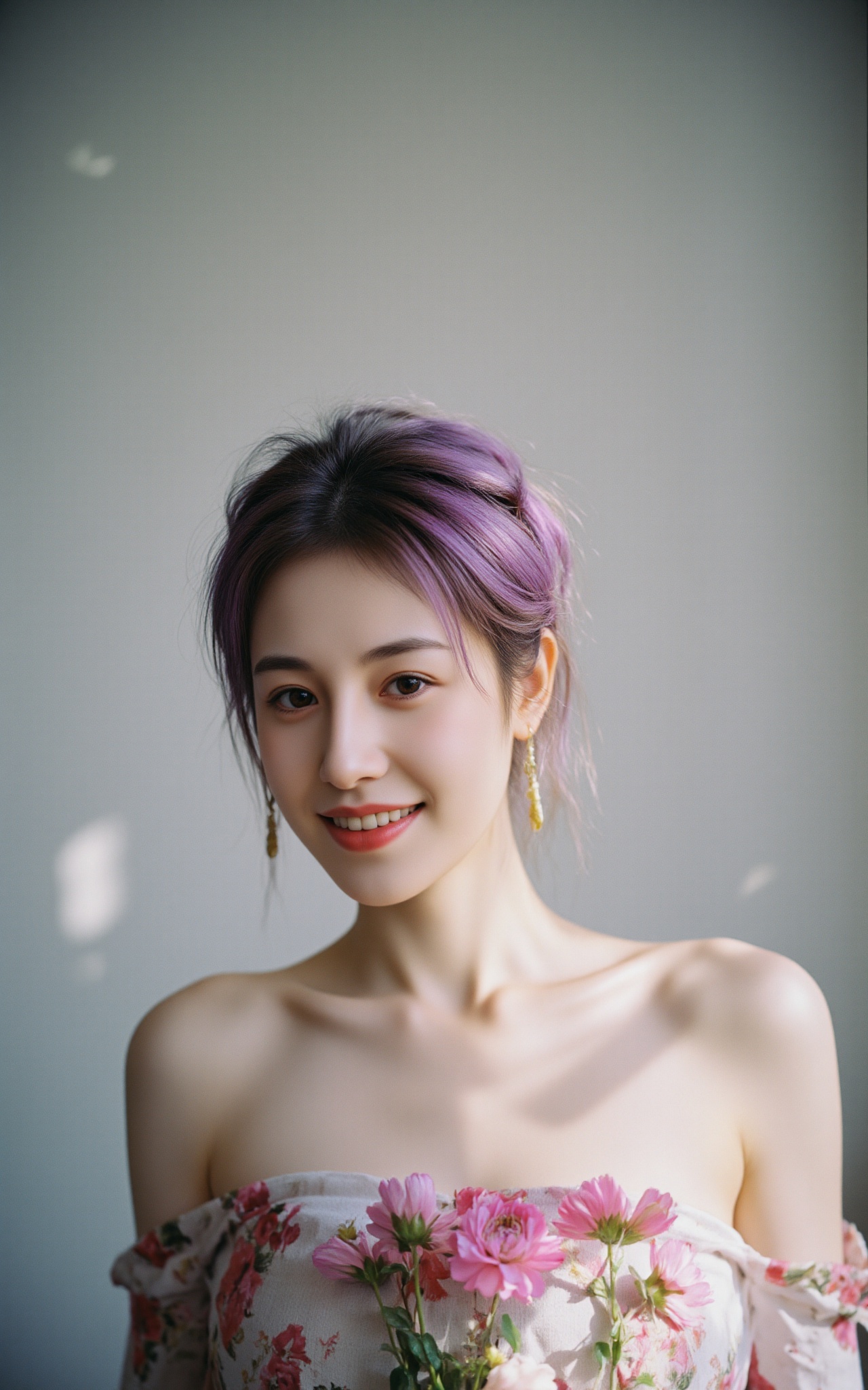 A stunning 8K masterpiece! A beautiful young woman with flawless and purple hair,  high-definition skin shines brightly un...