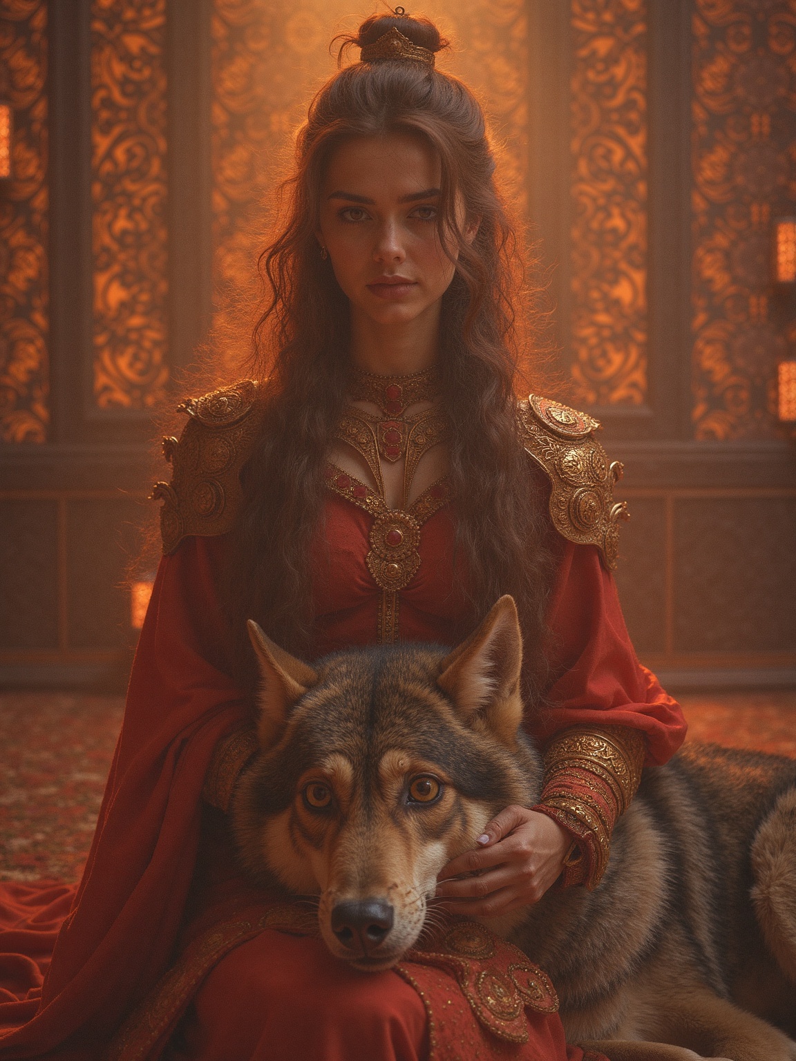 90s camera filter,  A majestic young warrior woman,  clad in radiant red and gold armor on Tensor.Art