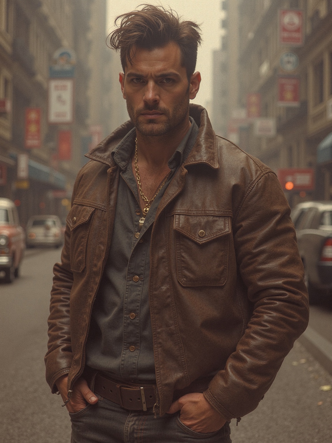 90s camera filter,  A ruggedly handsome man with a strong jawline and piercing eyes,  dressed in worn jeans and a faded le...