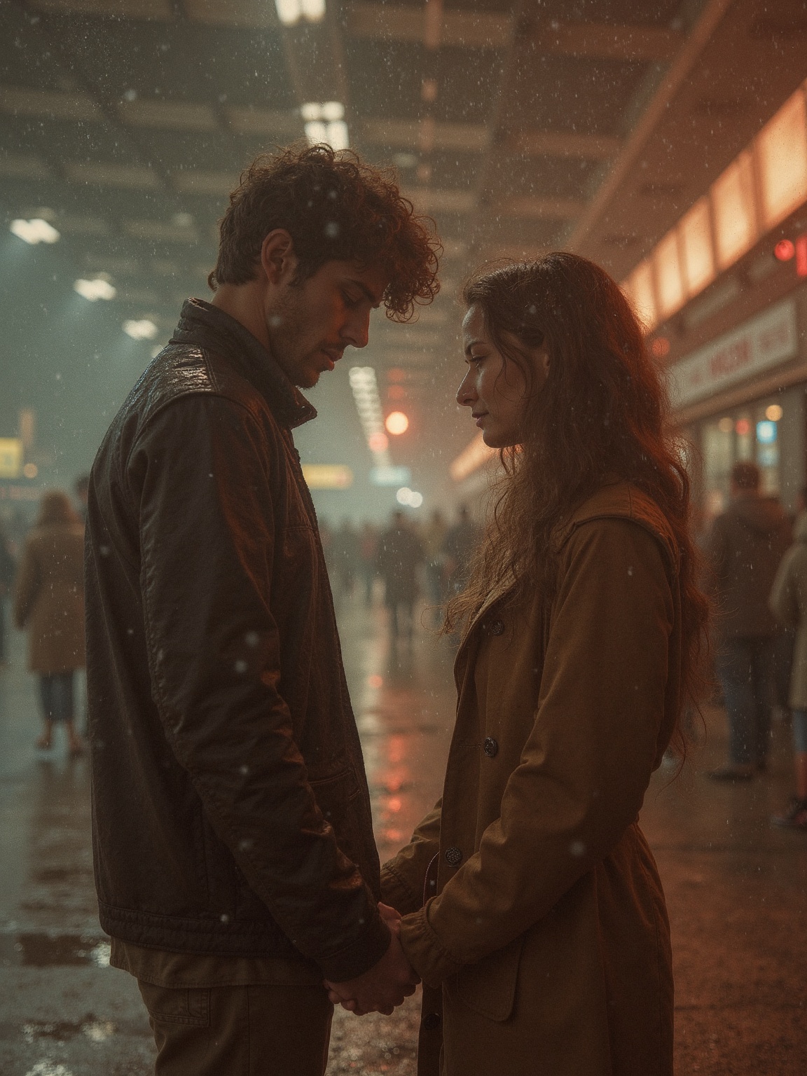 90s camera filter,  A masterpiece of melancholy: at the intercity bus terminal's rain-soaked platform,  a 28-year-old man...