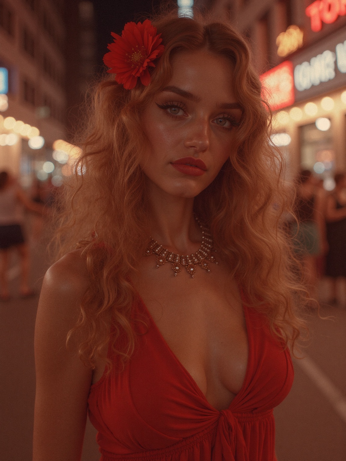 90s camera filter,  Photorealistic portrait of a young woman with long,  wavy hair. She is standing on a city street at ni...