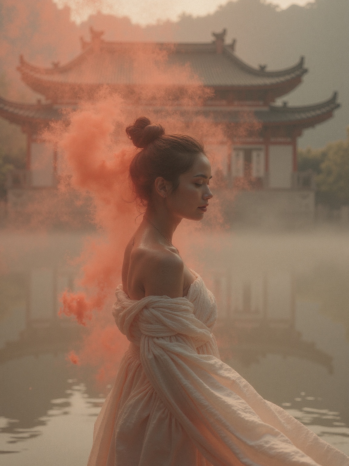 A mystical Taoist woman stands serenely in the misty shallows,  her off-the-shoulder white robe flowing like a wispy aura....
