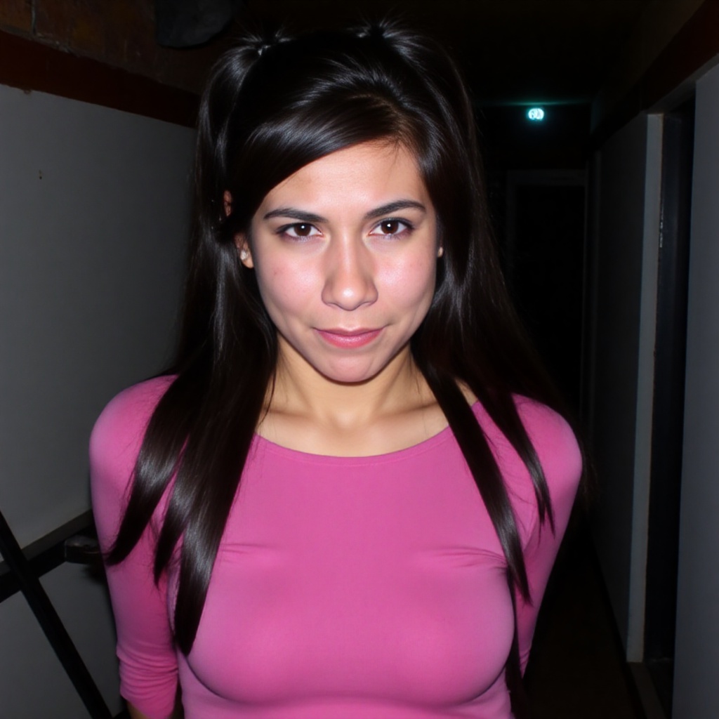A close-up of a minenisbae young woman in a dark place. She has dark hair styled in two high ponytails. She is wearing a p...