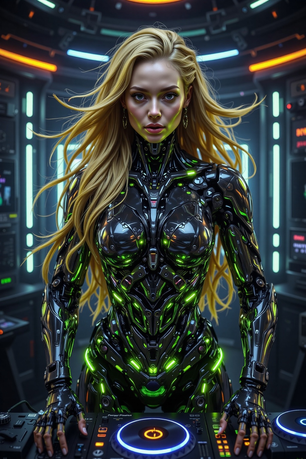 A beautiful female robot with flowing golden blonde hair,  styled in soft waves,  her face a blend of robotic precision an...