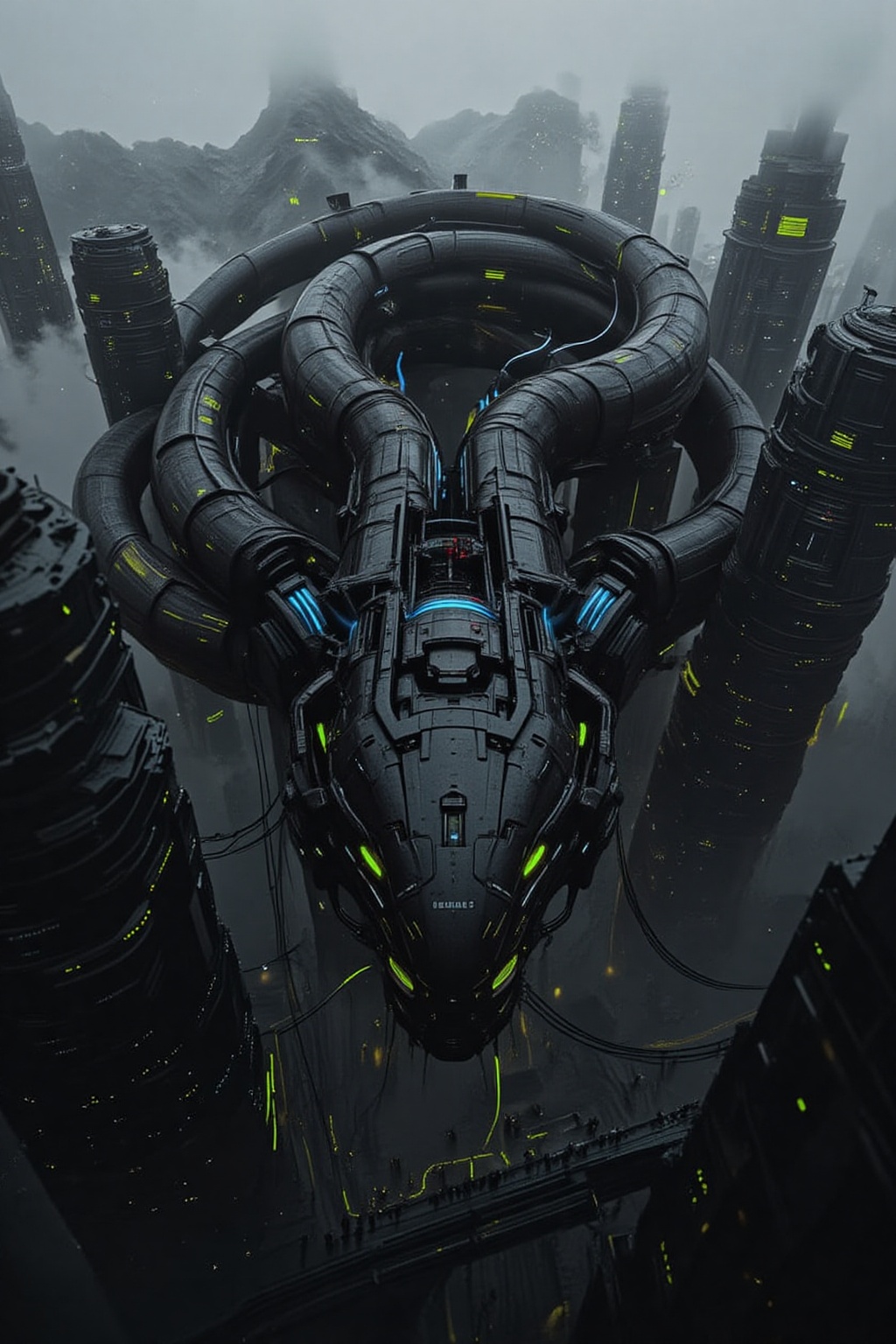 A massive,  ultra-futuristic mechanical serpent towering over high-tech skyscrapers,  its sleek on Tensor.Art