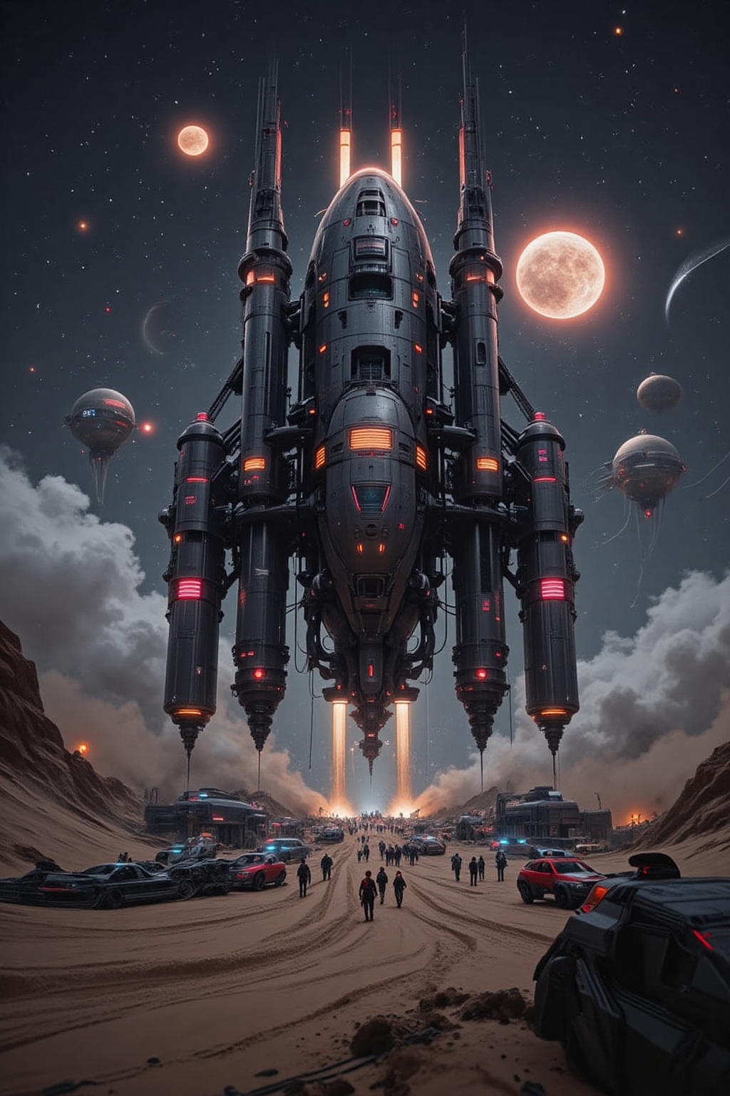 A sprawling starship launch base set in a barren desert under a sky filled with twin suns. The launch pad features massive...