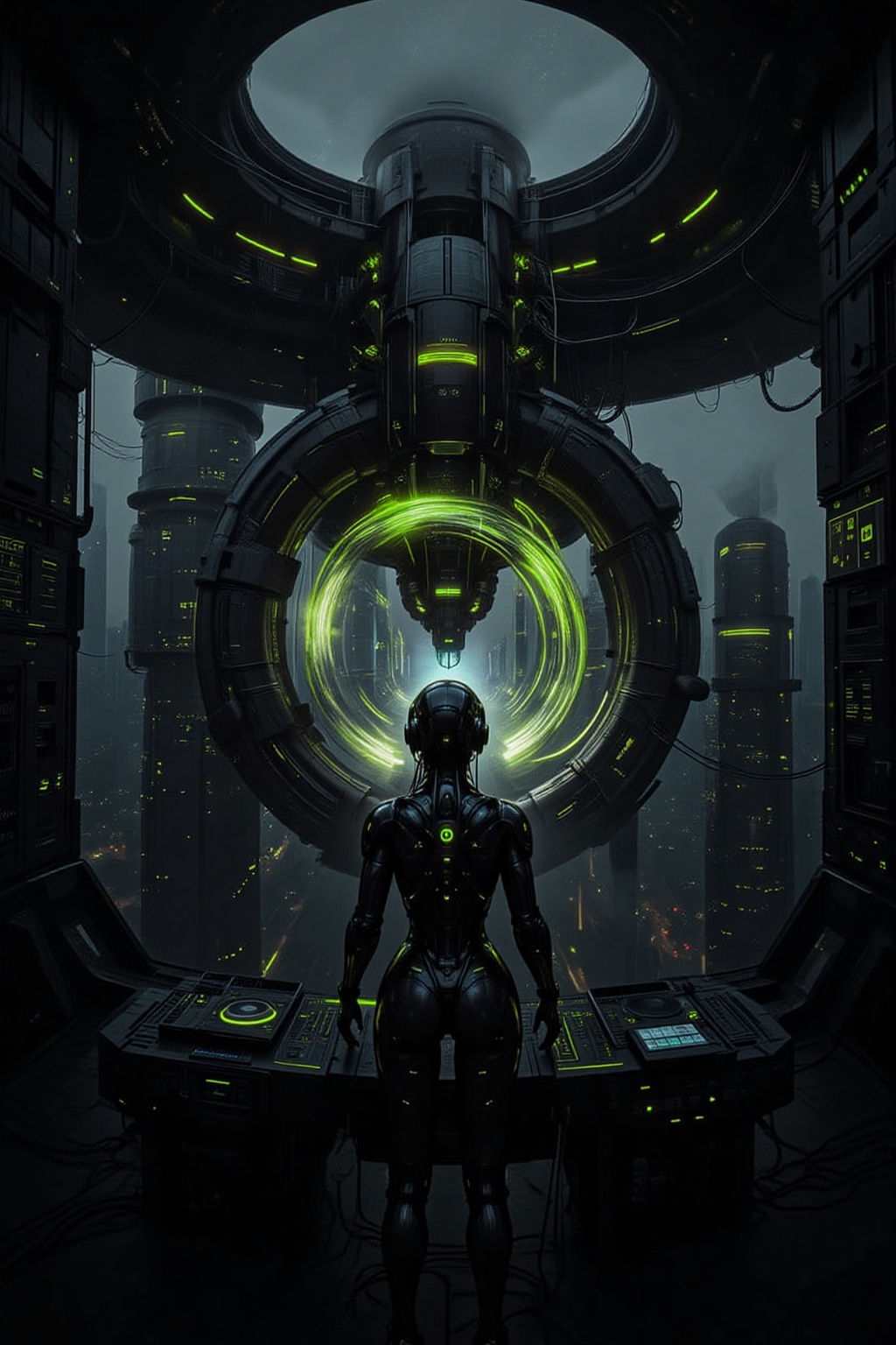 A futuristic female robot emitting radiant energy light,  glowing with brilliance,  standing at a DJ console on Tensor.Art
