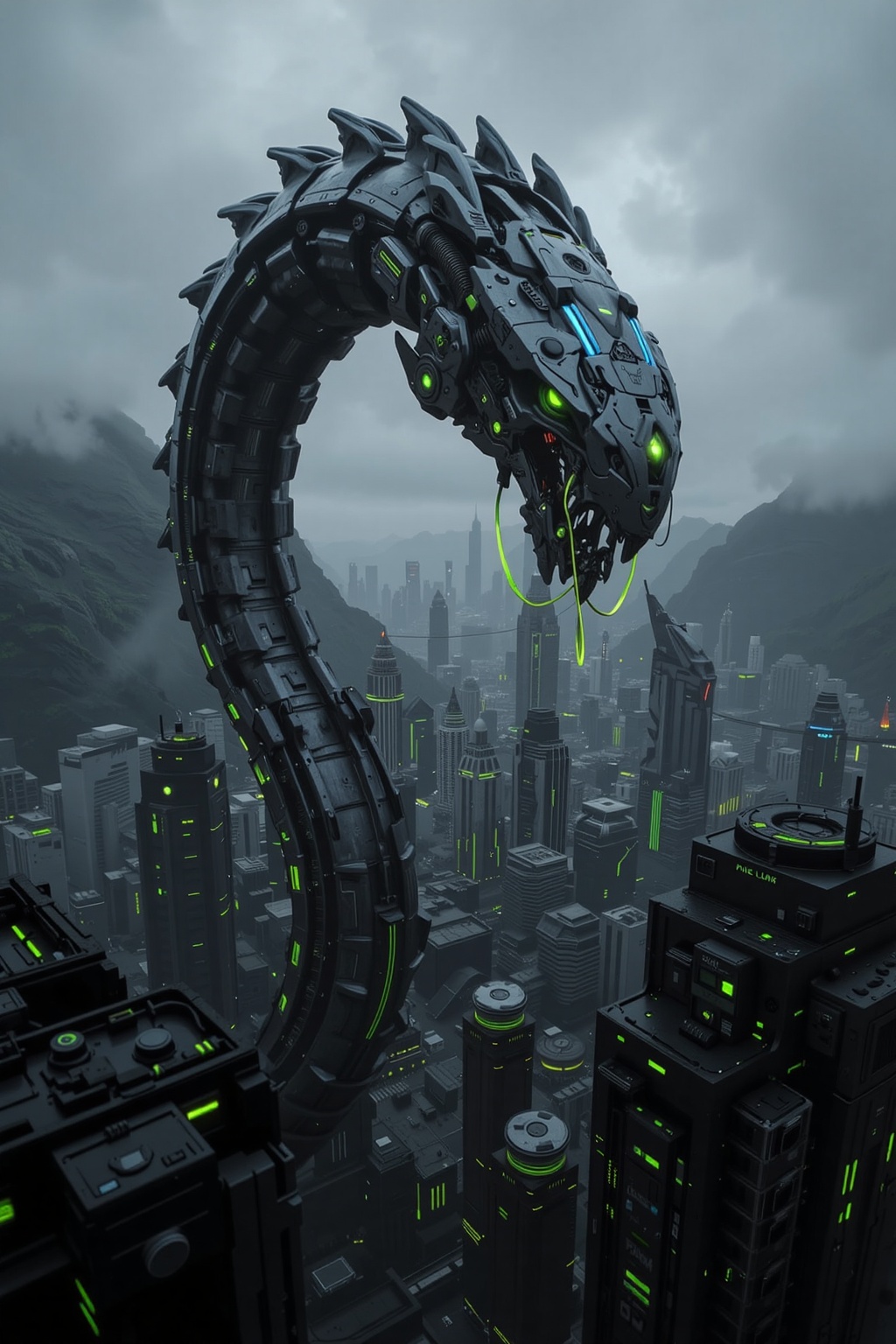 A massive,  ultra-futuristic mechanical serpent towering over high-tech skyscrapers,  its sleek on Tensor.Art