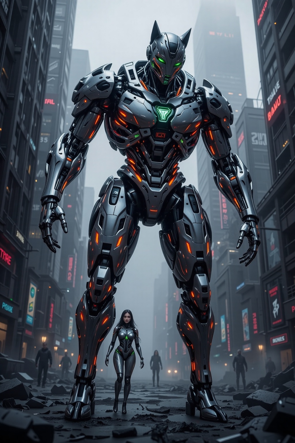 A colossal mechanical AI Shiba Inu,  towering over human size,  its body constructed from sleek metallic plates with glowi...