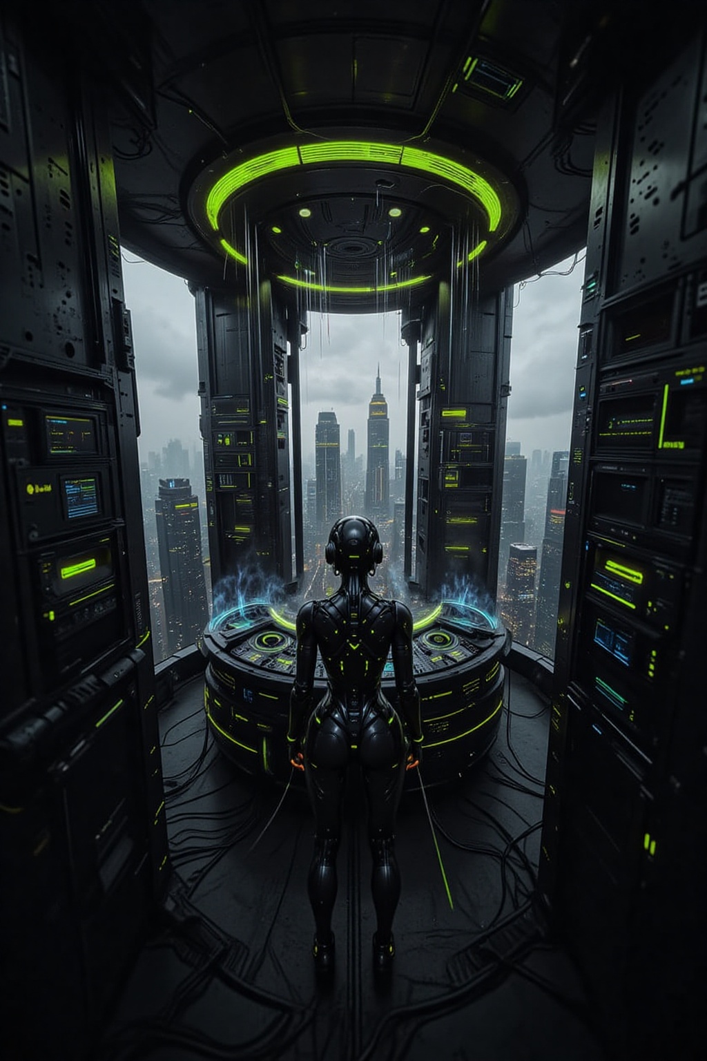 A glowing female android radiating energy beams,  performing as a DJ in a sleek,  high-tech room. The setting features adv...