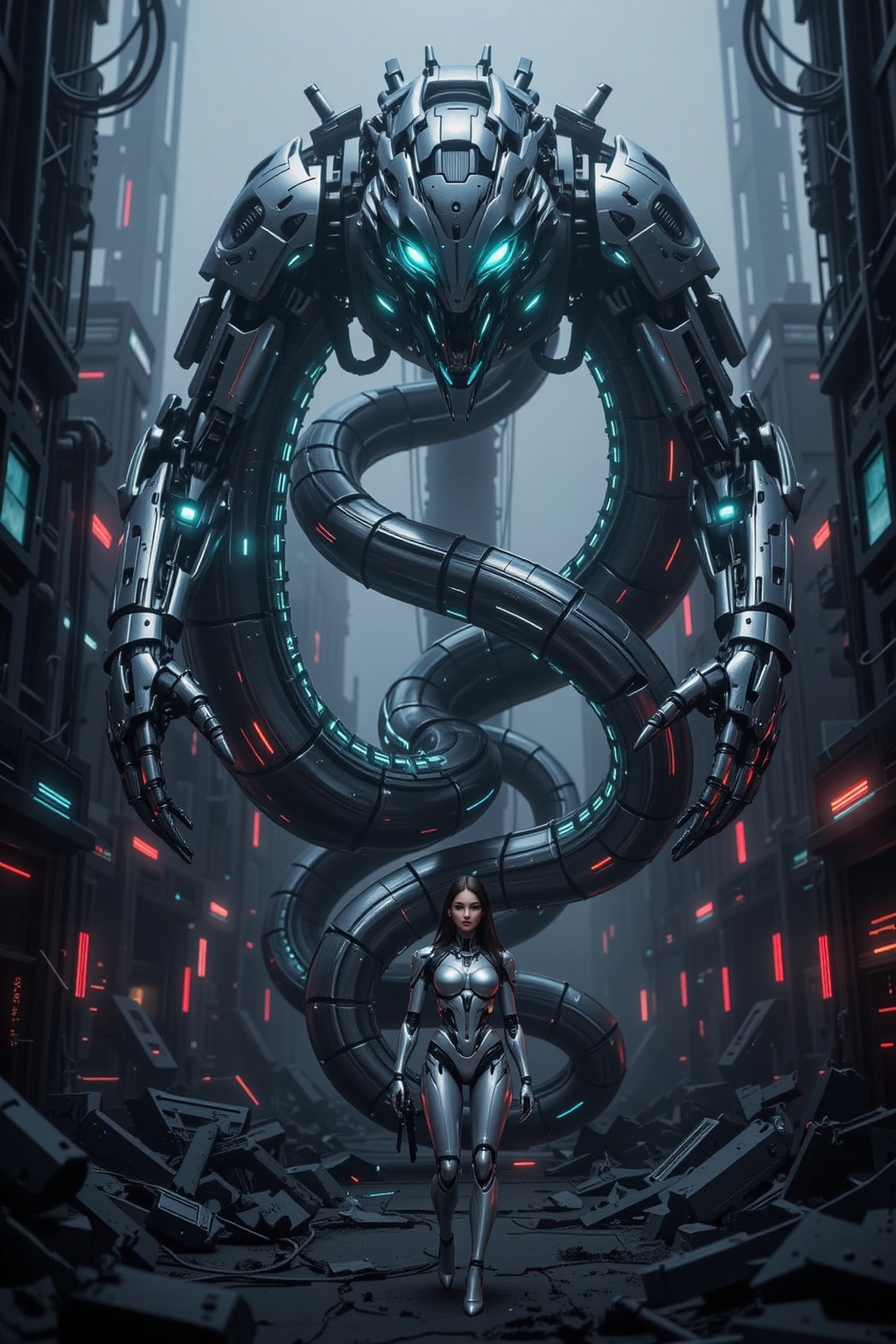 A towering mechanical AI python,  its sleek,  segmented metallic body glowing with blue and green energy lines on Tensor.Art