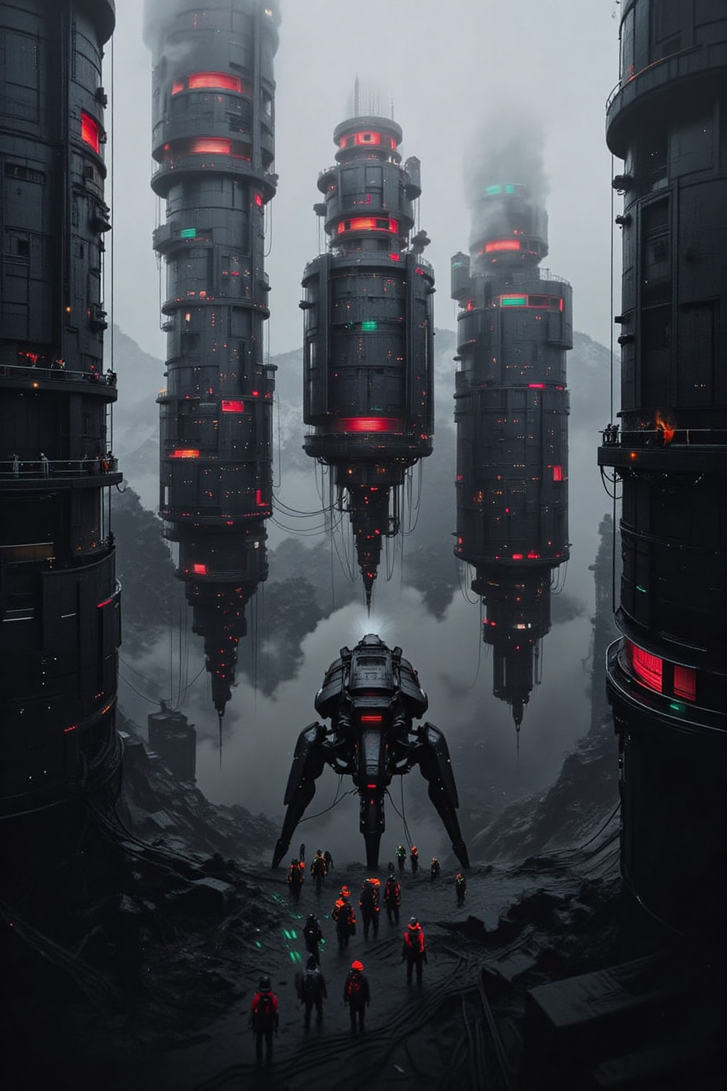 A post-apocalyptic landscape transformed by autonomous AI systems,  where remnants of ancient human skyscrapers are overta...