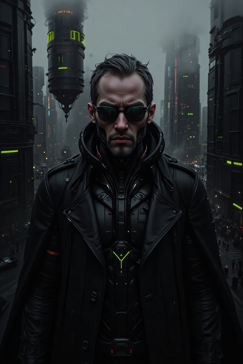 A close-up shot of a man wearing sleek black sunglasses and a long,  flowing black leather trench coat,  reminiscent of ch...