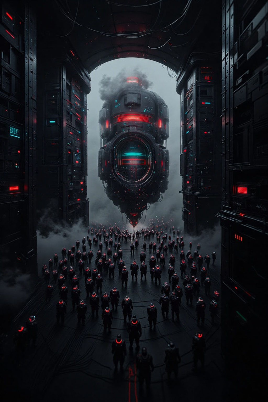 A massive underground complex illuminated by cold white lights and glowing blue holograms. Thousands of autonomous humanoi...
