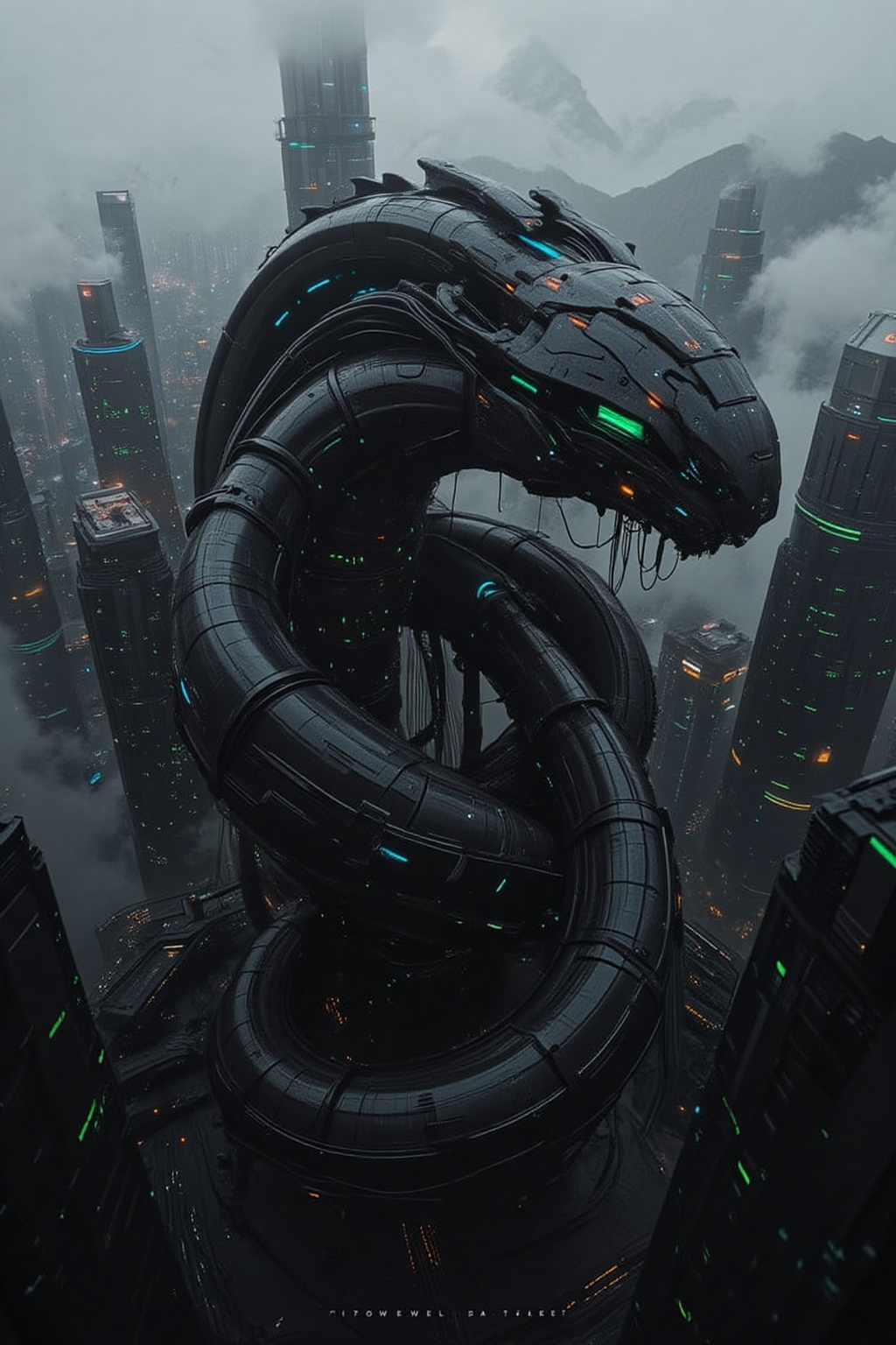 A massive,  ultra-futuristic mechanical serpent towering over high-tech skyscrapers,  its sleek on Tensor.Art
