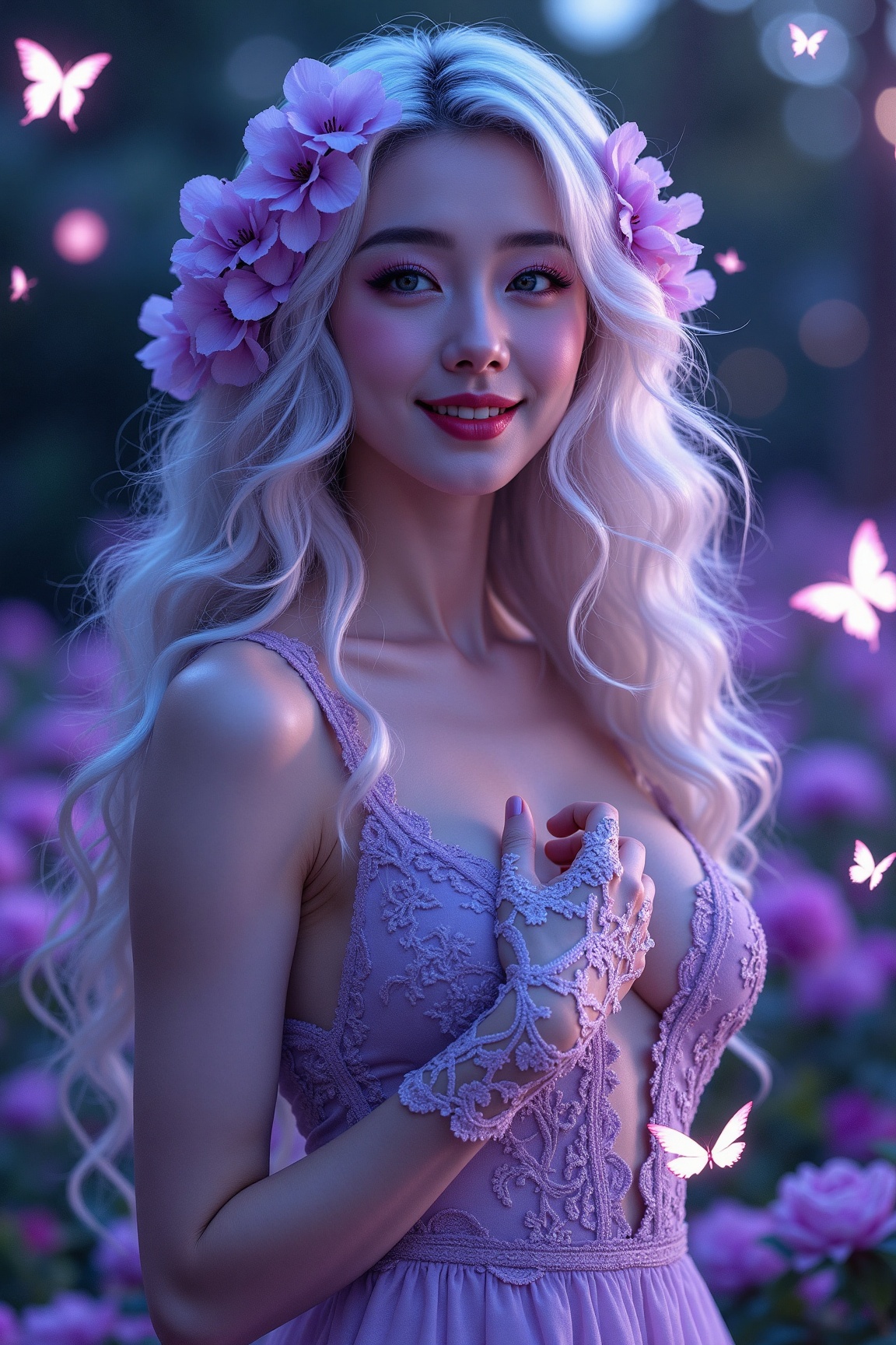 asian,  A captivating,  photorealistic image of a stunning woman with platinum blonde hair adorned with purple flowers. He...