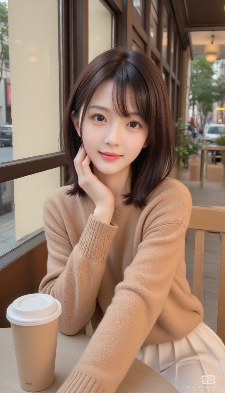 1girl,  16K High-Quality Portrait Photography This woman has a refreshing,  dark brown bob with gently curled ends and wis...