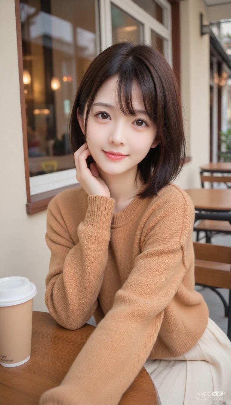 1girl,  16K High-Quality Portrait Photography This woman has a refreshing,  dark brown bob with gently curled ends and wis...