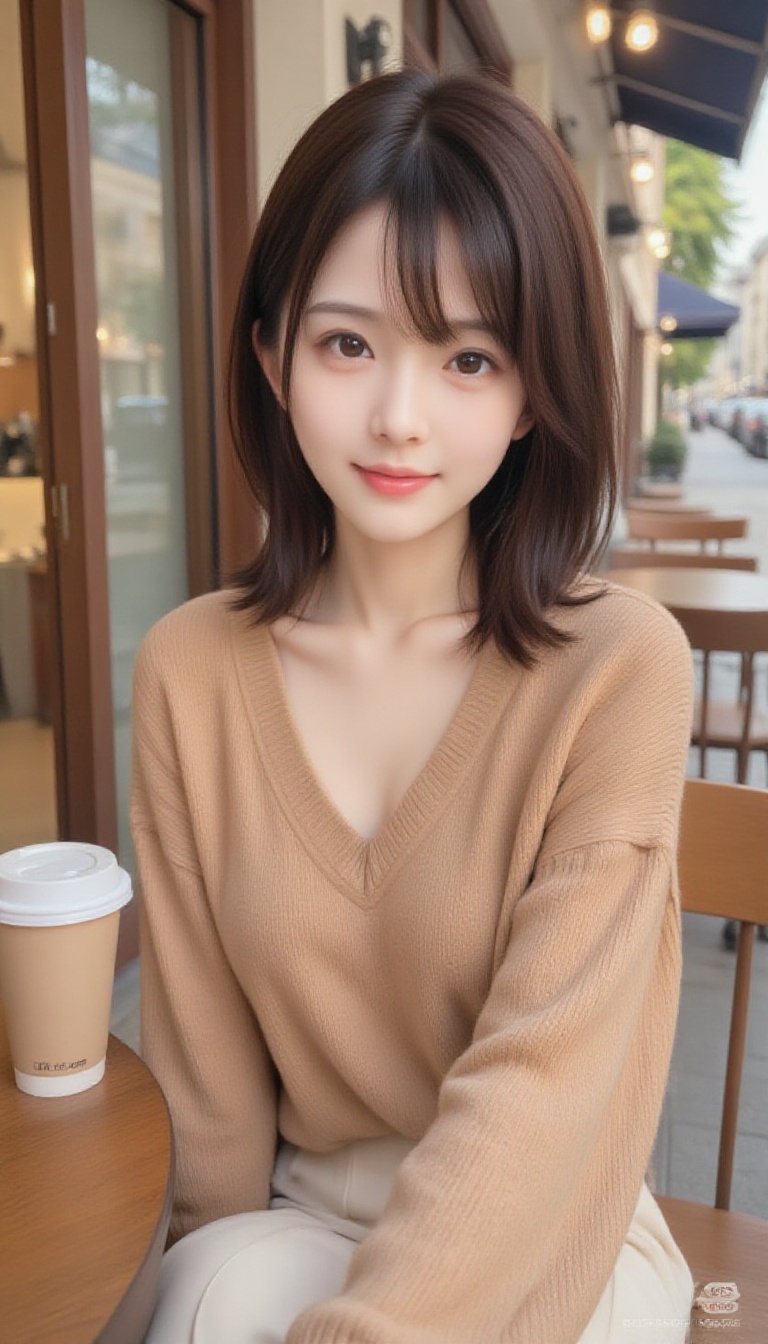 1girl,  16K High-Quality Portrait Photography This woman has a refreshing,  dark brown bob with gently curled ends and wis...